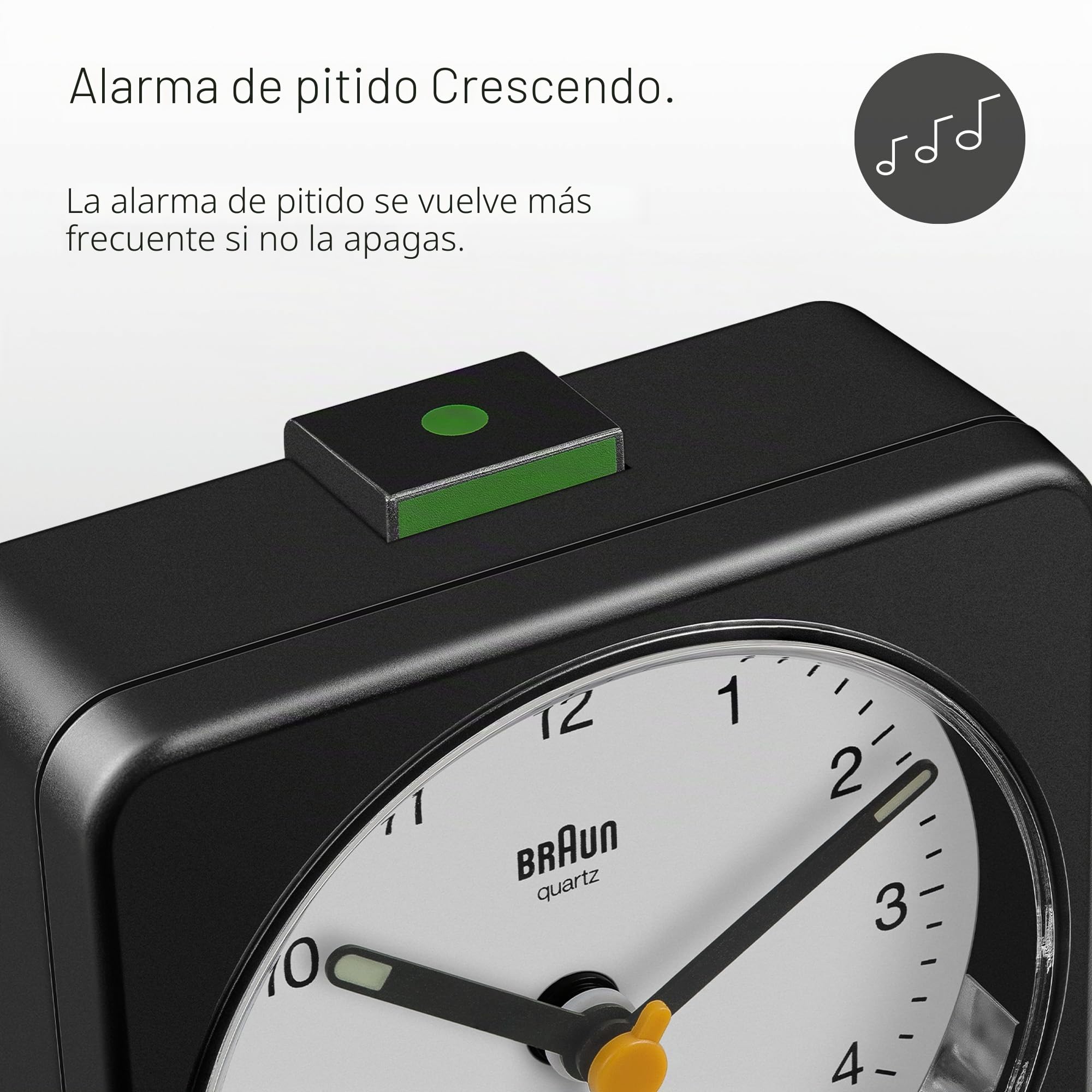 Braun Classic Analogue Alarm Clock with Snooze and Light, Quiet Quartz Sweeping Movement, Crescendo Beep Alarm in Black and White, Model BC03BW.