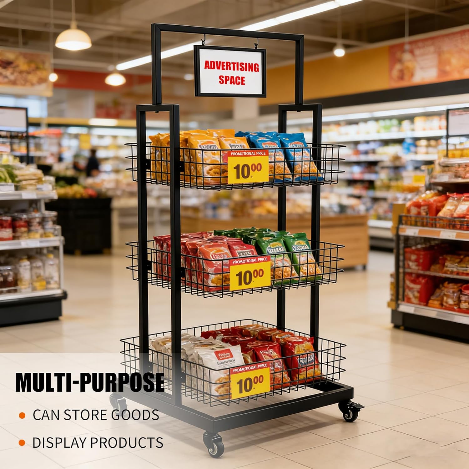 3-Tier Retail Snack Display Rack with Wheels, Metal Wire Bakery Display Stand, Supermarket Vegetable Fruit Candy Shelf Holder, Storage Shelving Organizer for Convenience Store Office Kitchen