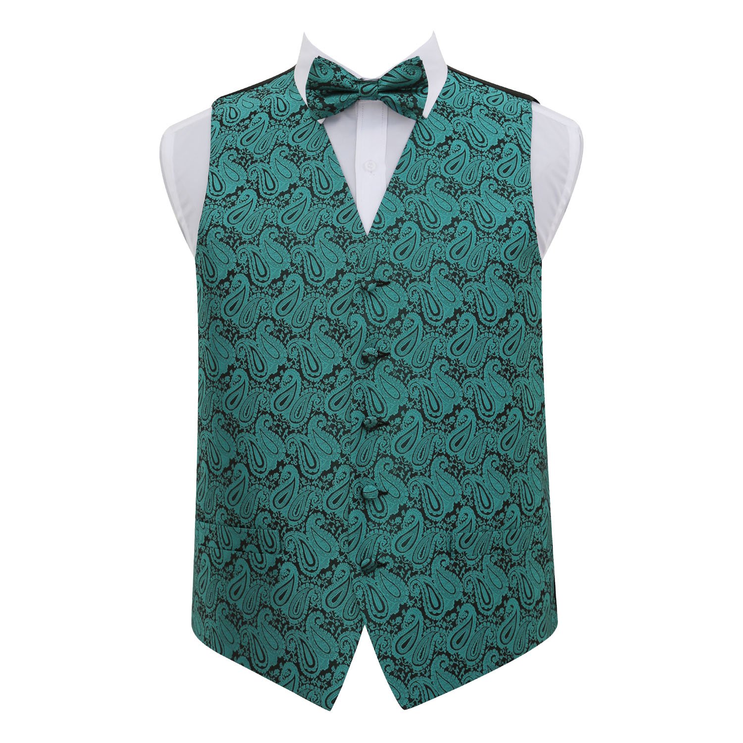 Dqt Men's Teal ’S Paisley Floral Wedding Waistcoat Vest & Bow Tie Set – Groom Formal Suit – 50" (5Xl)