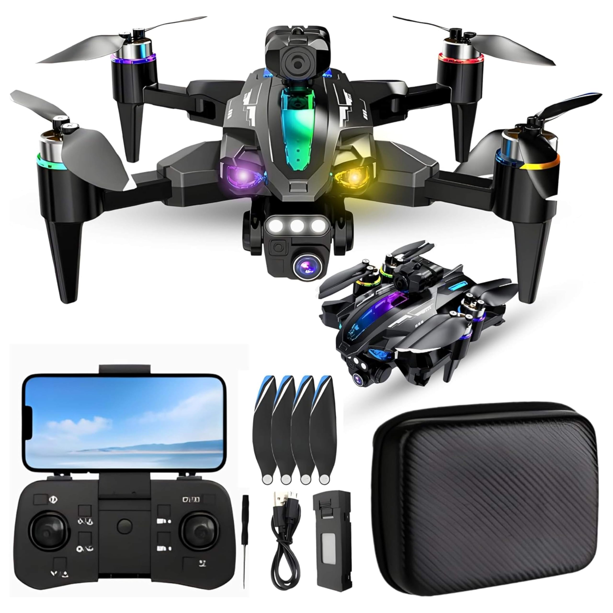 ADEPTNA Premium Foldable Camera Drone with Dual WiFi Cameras Obstacle Avoidance Brushless Motor Altitude Hold One-Key Start 360° Flip Long Battery Life Carry Case Quadcopter for Adults & Kids (BLACK)
