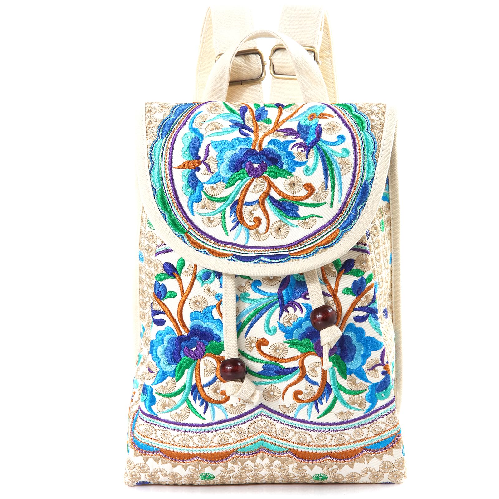 Goodhan Vintage Embroidered Women Backpack Ethnic Travel Handbag Shoulder Bag Beige