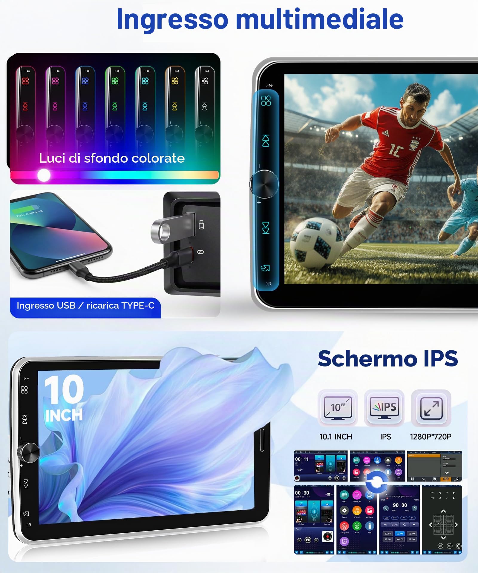 Hodozzy 1 Din RDS Stereo Auto con Schermo Rimovibile e Girevole IPS da 10,1" con USB Tipo C, Wireless CarPlay e Android Auto Autoradio con Bluetooth 5.2/EQ/SWC + Telecamera Posteriore