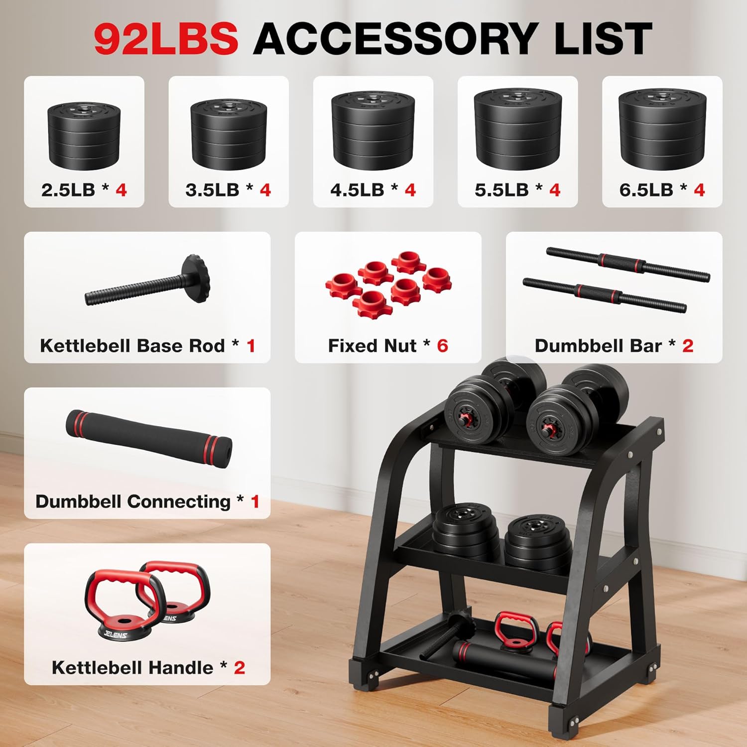 AD01 Adjustable Dumbbells Set, 30/45/70/92LBS Free Weight Set, Multi-Function Weight Set Used as Kettlebells, Barbell, Push up Stand, Exercise Barbell Weight Set for Home Gym Suitable Men/Women