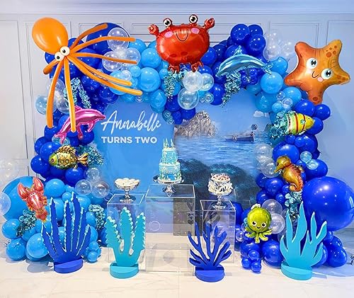 Decoraciones de fiesta temática oceánica, kit de guirnalda de arco de globos azules, globos transparentes, animales marinos, globos de peces para