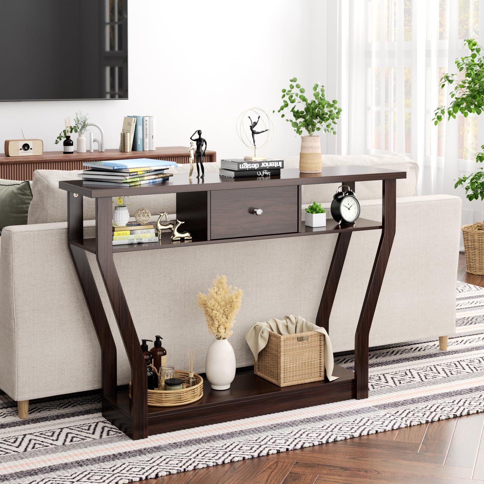 GOPLUS Mesa Consola de MDF Anti-Bascular con Cajón y 3 Estantes, Consola con Base Estable y Duradera, Mesa de Entrada para Dormitorio, Salón, 120 x 30 x 81 cm, Carga Máxima 50 kg (Marrón)