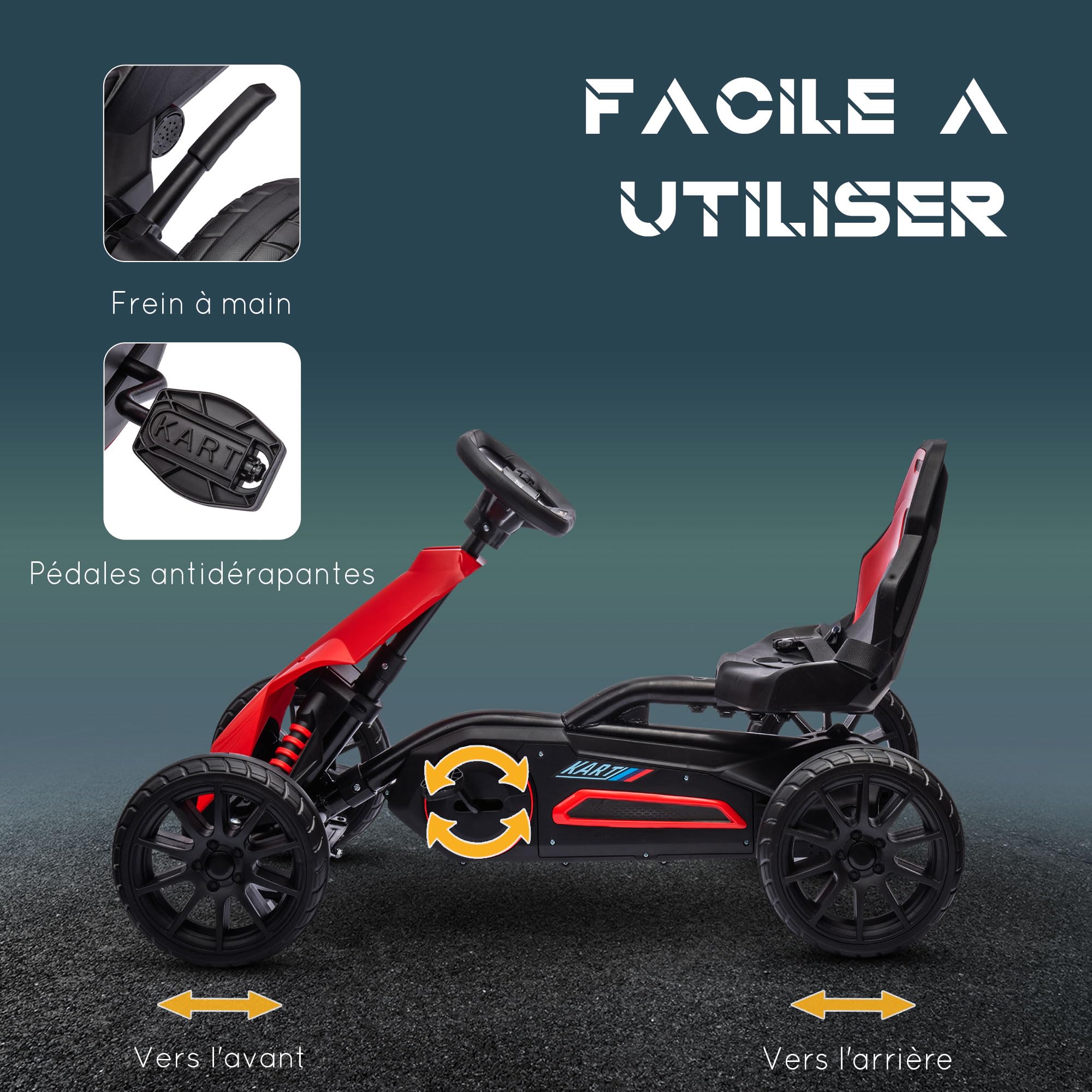 HOMCOM Kart na pedały dla dzieci, go-Kart z regulowanym siedziskiem 4-pozycyjnym, ciche koła EVA, 100 x 58 x 58,5 cm, rower i pojazd dziecięcy, czerwony i czarny