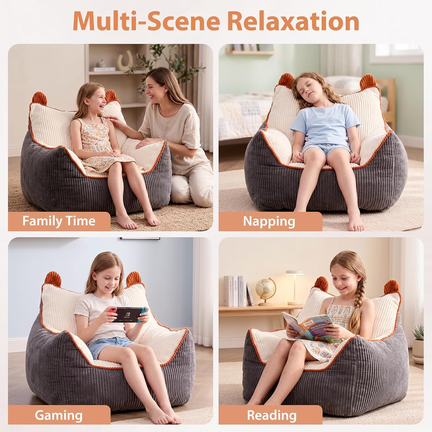 HUGHEAVEN Kids Bean Bag Chair, Small Plush Bean Bag Sofa with Filler for Boys & Girls, Soft Lazy Floor Chair with Side Pocket, Comfy Seat for Reading, Gaming, Watching TV, Napping & Relaxing