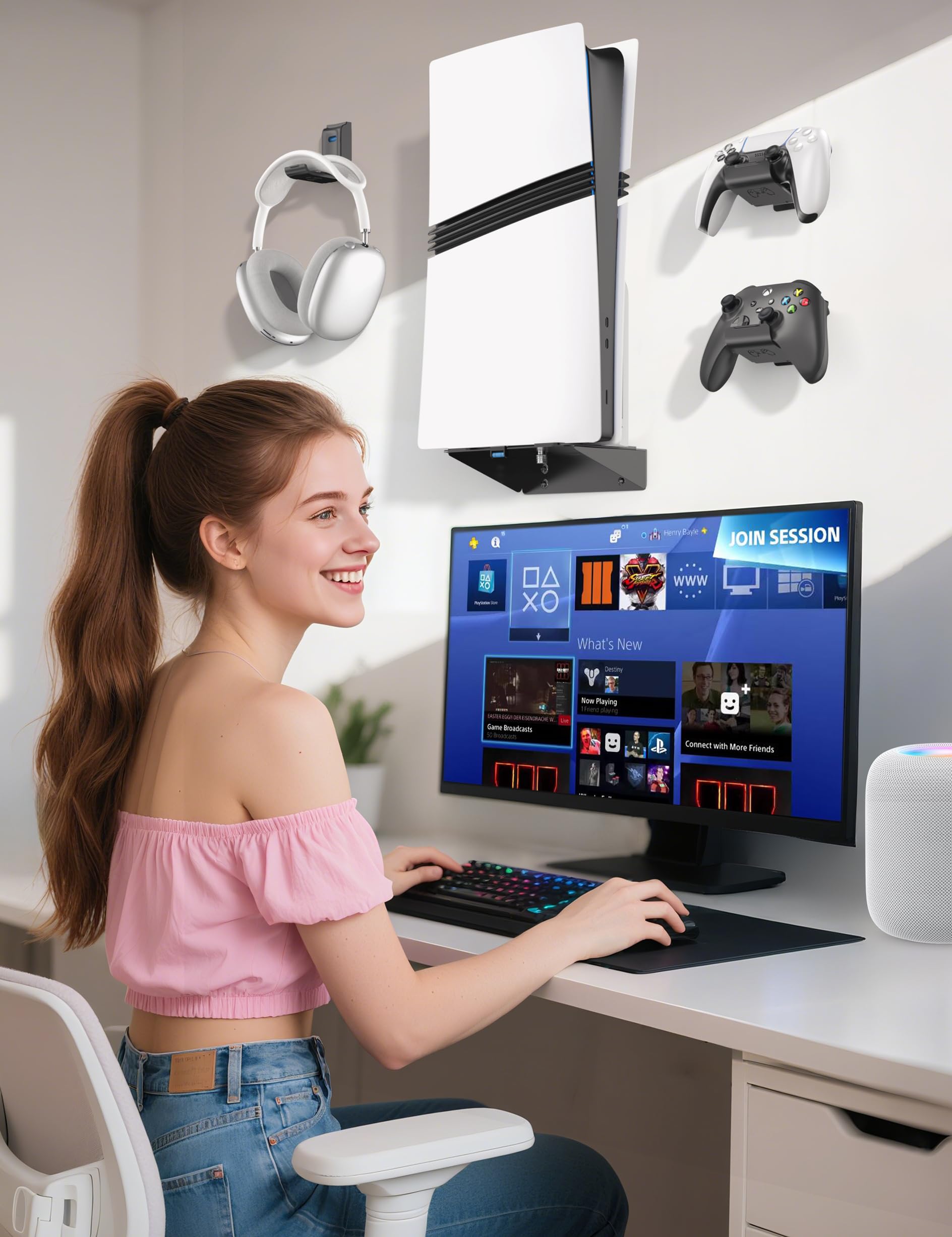 Kosker Supporto da Parete per PS5/ Slim/Pro, Mensola PS5 da Parete Verticale per Tutti Modelli PS5 con Support per Cuffie e Controller, Accessori Playstation 5 Supporto Flottante in Metallo