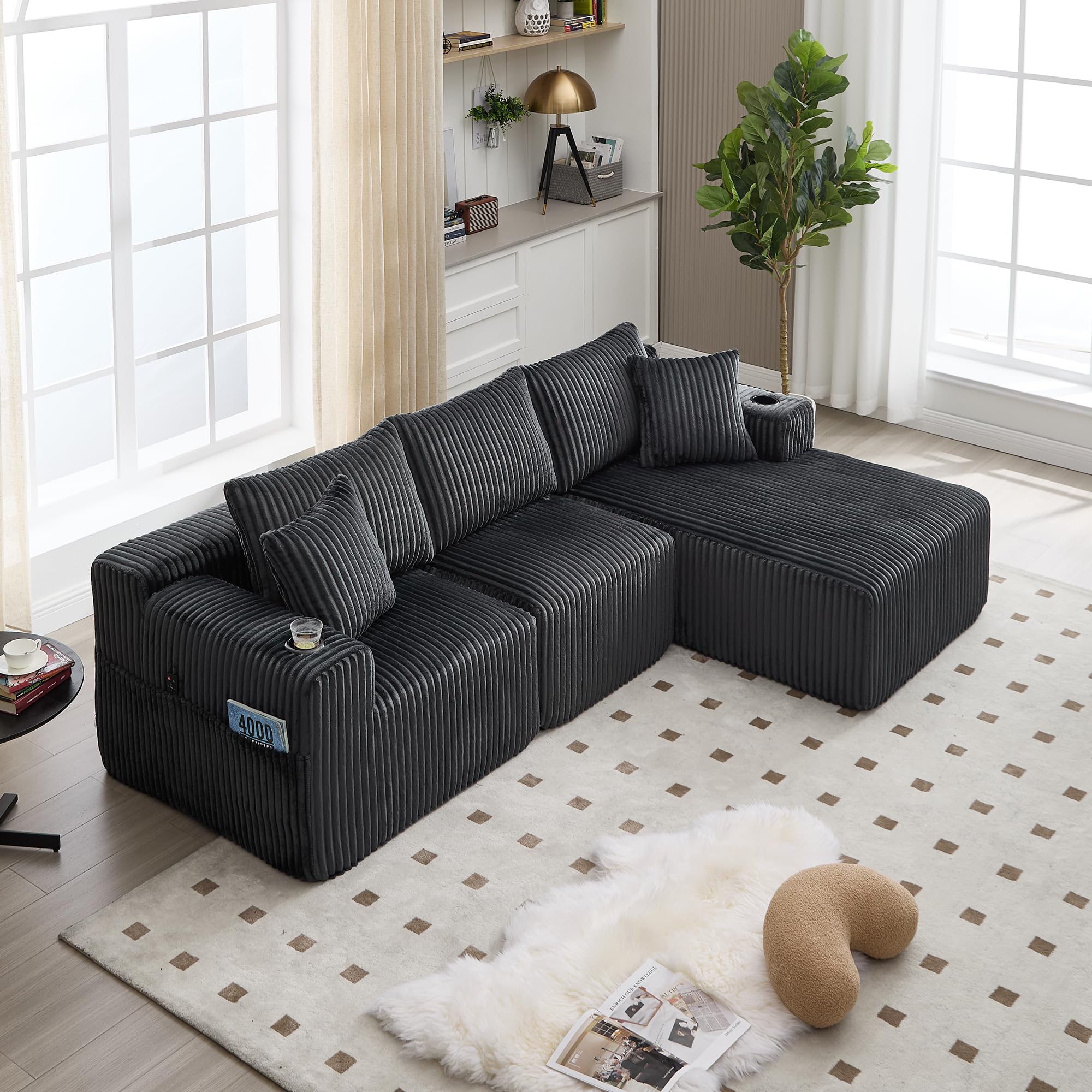 Ball & Cast L-förmiges Eckcouch mit Schlaffunktion, 3-Sitzer Sofa mit 2 Getränkehalter aus Cordbezug für das Wohnzimmer Wohnung Studio, 257 x 62 x 160 (BxHxT), Grau