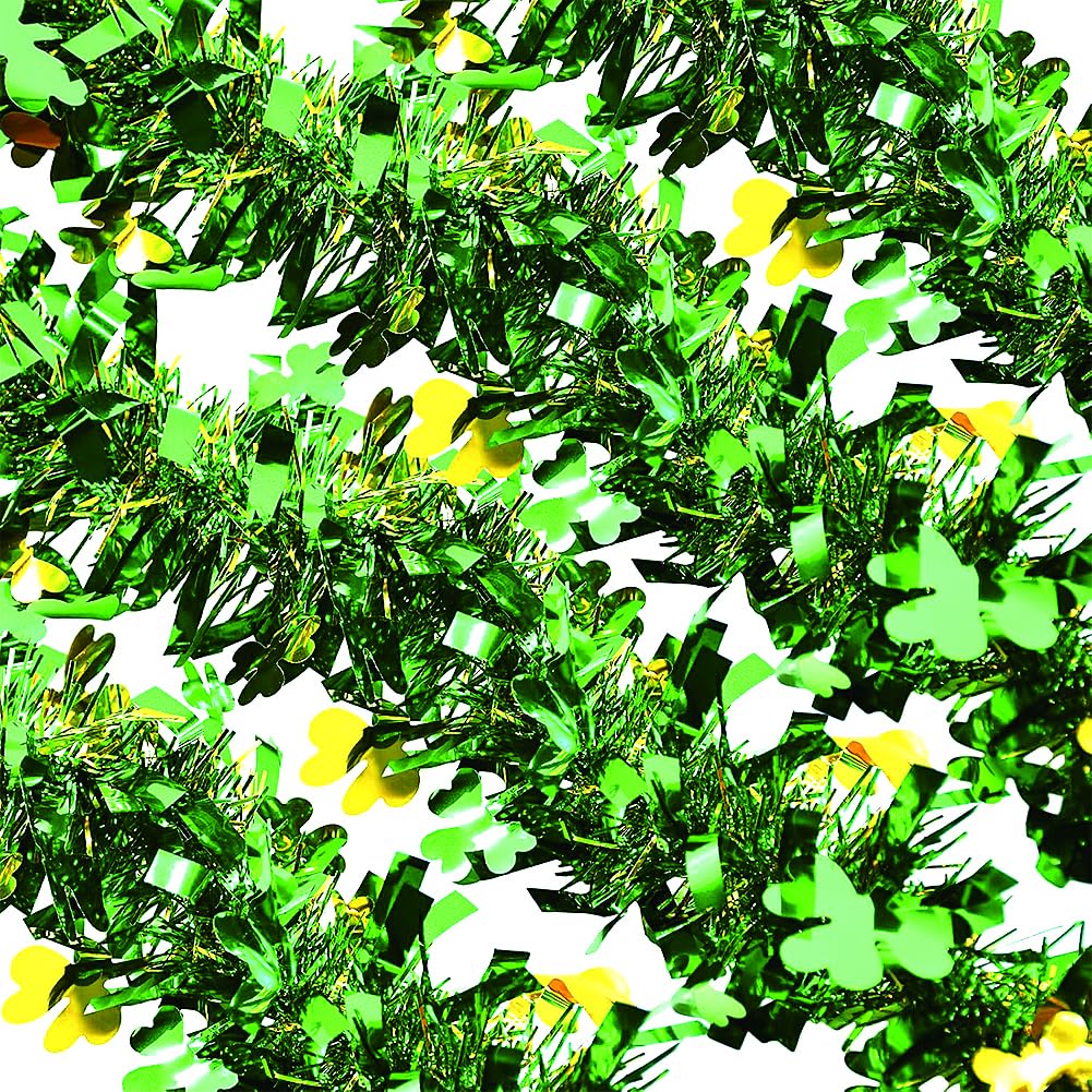 33 Ft St.Patrick's Day Tinsel Garland, Green Garland with Shamrock Saint Patricks Day Decorations for Saint Patrick's Day Party Decor, Shiny Hanging Clover St Patrick's Day Tree Decorations