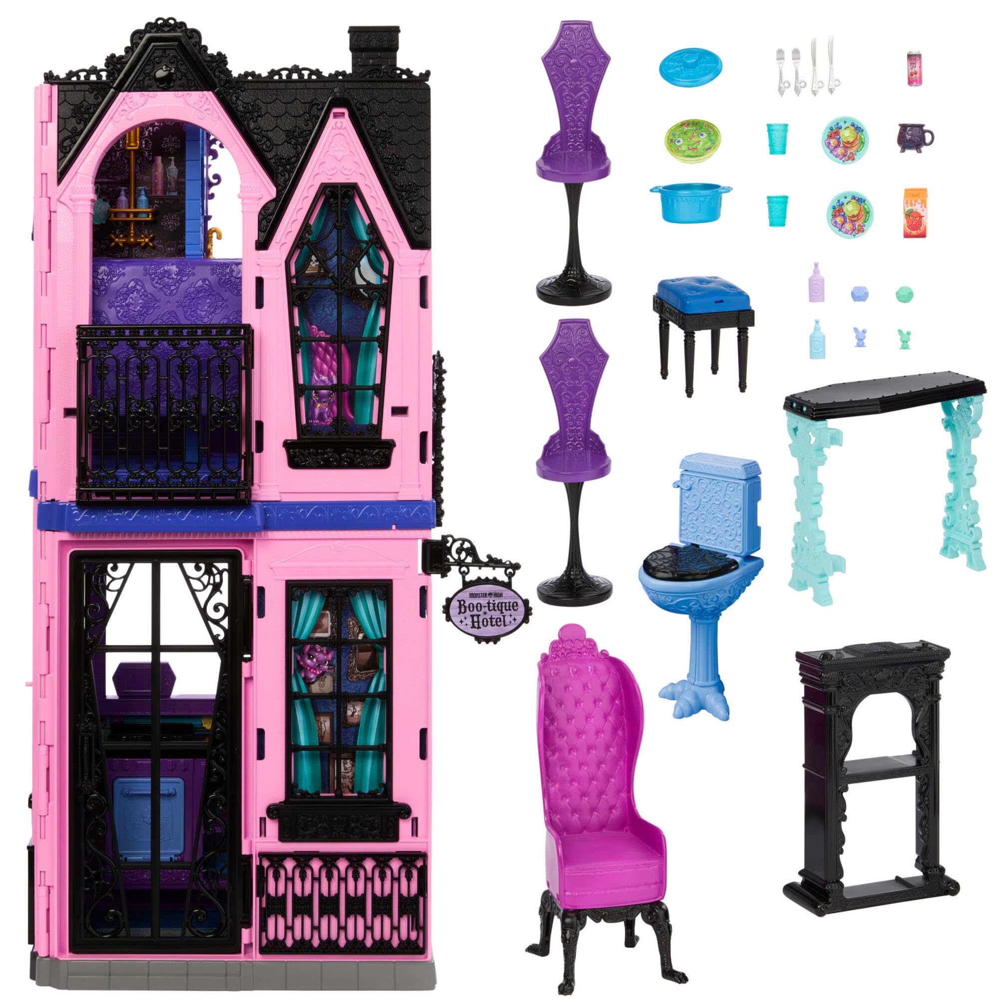 Monster High Hotel Buuuutique Casa de muñecas, conjunto de juego plegable con sorpresas espeluznantes en cada habitación y más de 13 piezas, incluidos muebles y accesorios, JBF16