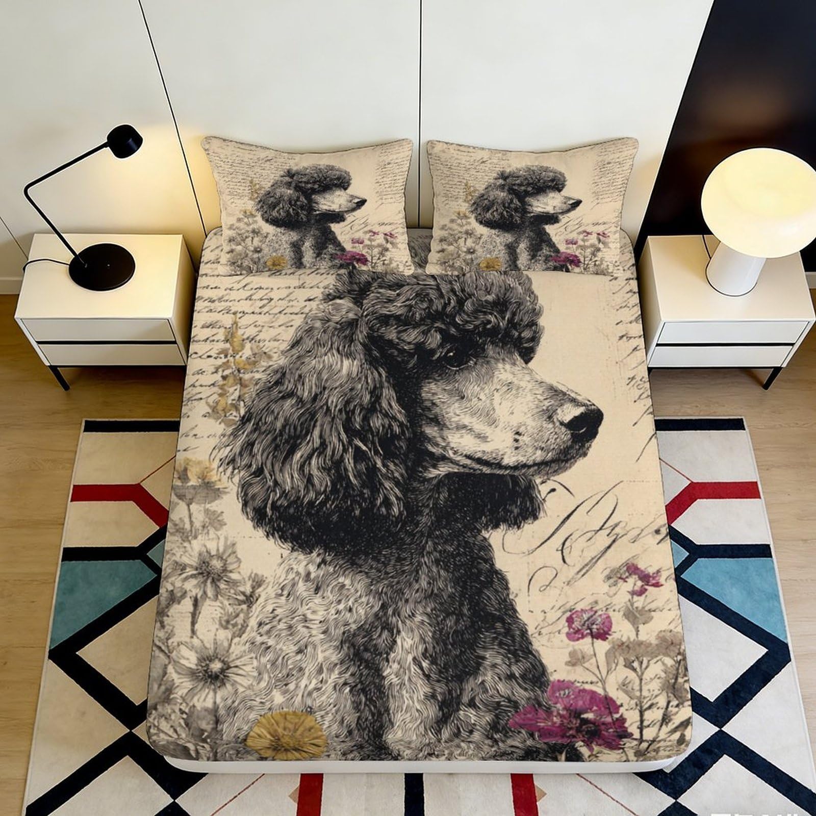 3D Printed Vintage Poodle Fitted Sheet Microfiber Soft Breathable Artistic Dog Bed Cover for Bedroom Guest Room Decor 90x200x25cm