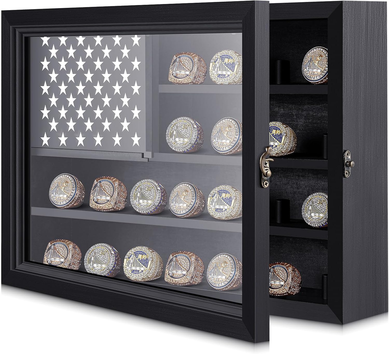 Weysat Baseball Ring Holder Championship Ring Display Case 22ring Posts Box Wall Mounted Sport Wooden with Lock for Softball Basketball Football Prizes Fan Souvenirs 10.7 x 15 Inches(Walnut)