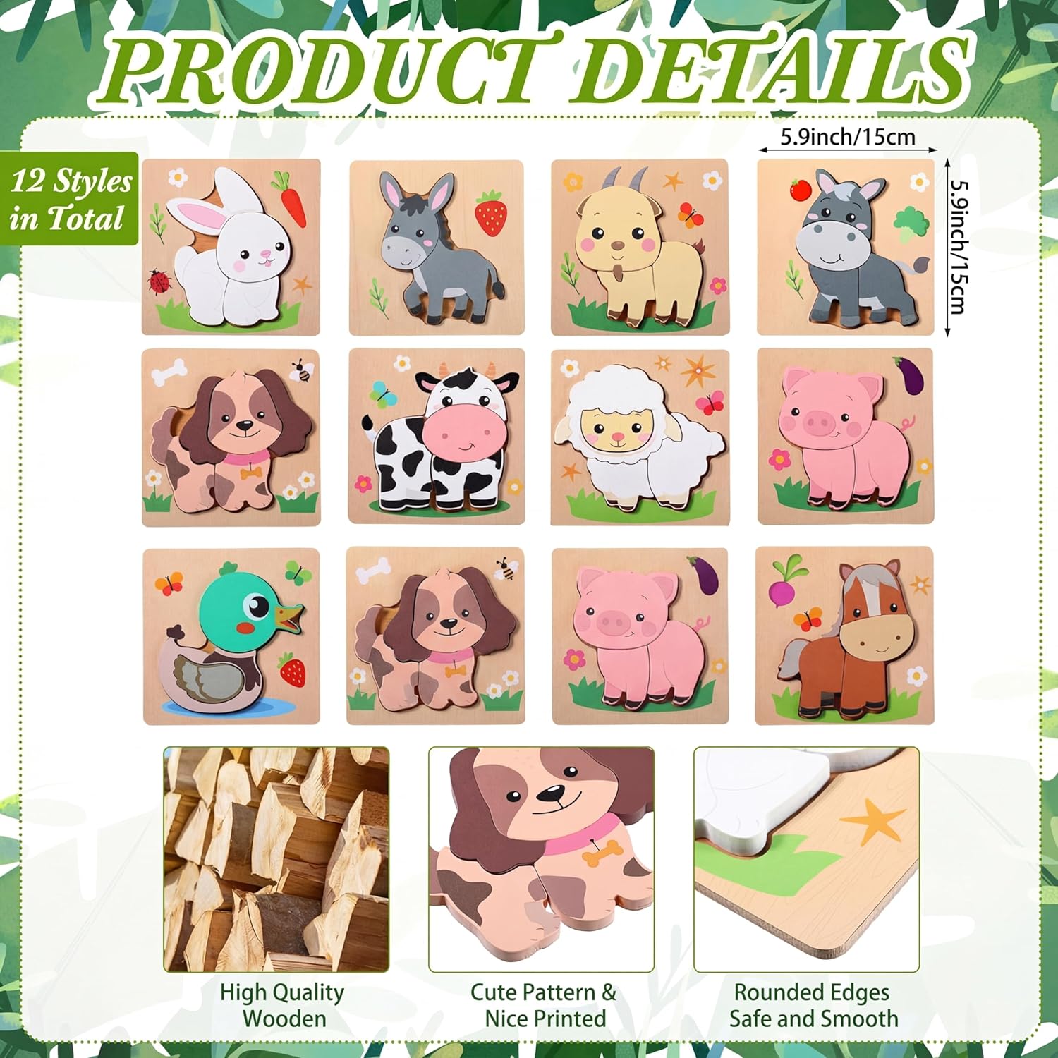 Capoda 12 Pack Farm Animal Wooden Puzzles Wood Farm Jigsaw for Toddlers Featuring Cow, Sheep, Pig and More Montessori Preschool Learning Games for Boys Girls Classroom Exchange Gifts Party Favors