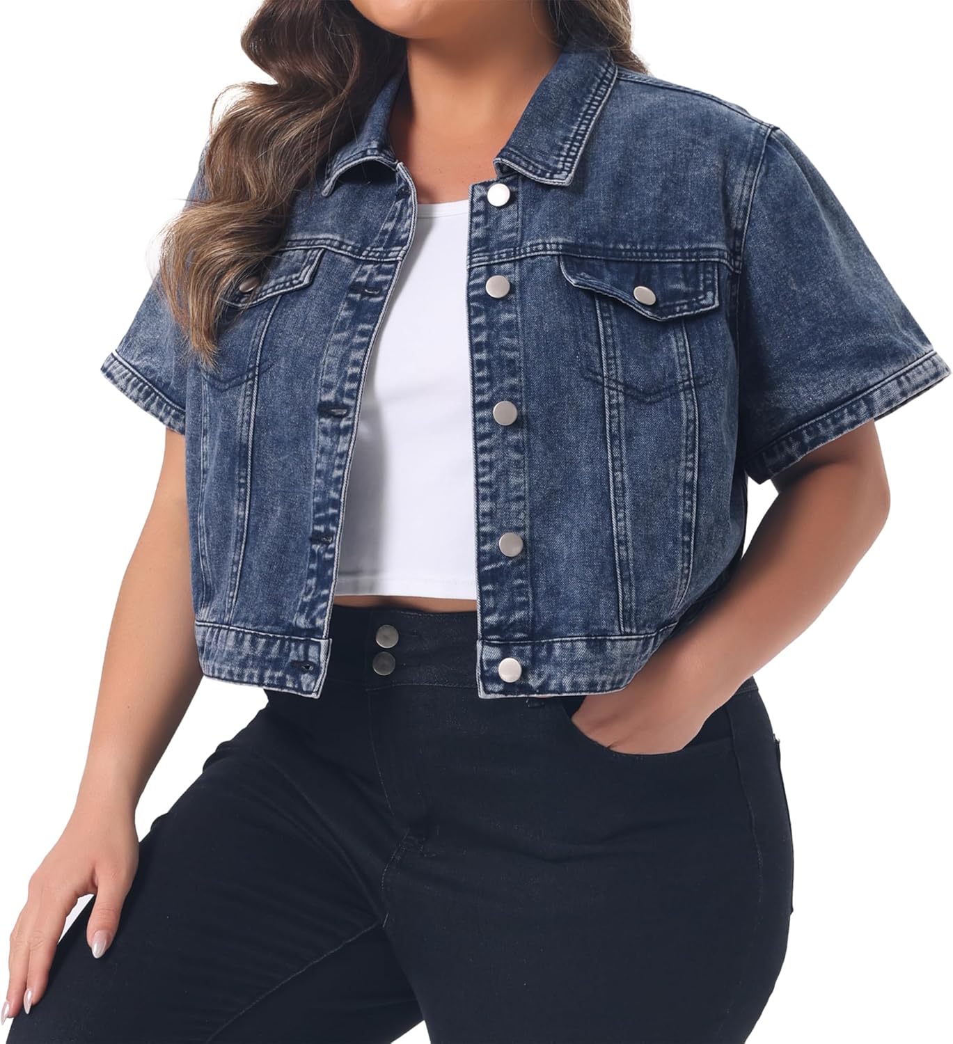 Agnes Orinda Plus Size Denim Jacket for Women Short Sleeves Button Down Cropped Jean Jackets