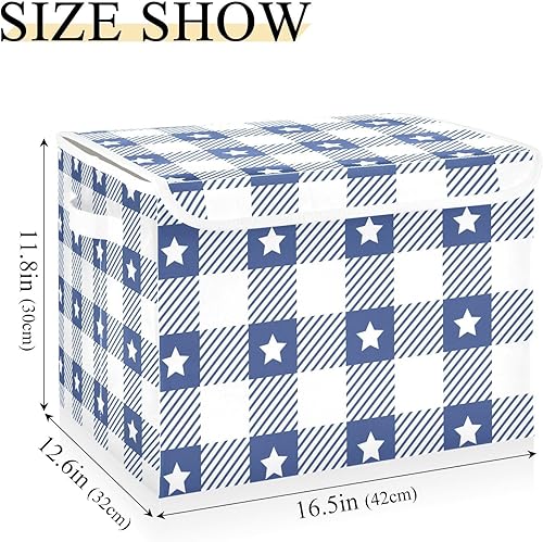 Miniatura 3 de Gingham-pattern-pastel-vichys Foldable Fabric Storage Boxes with Lids and Handle, Large Storage Bins for Living Room, Bedroom, Closet, Office
