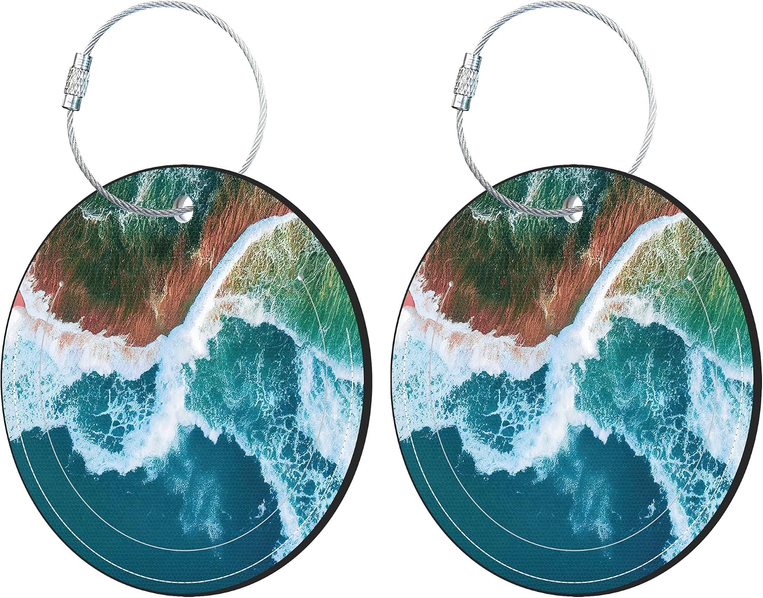 Round Luggage Tag for Suitcases,Sandy Beach Wave 2 Pack Leather Travel Luggage Tags with ID Label Privacy Flap and Steel Loop for Women and Men Suitcases Travel Bags Luggage Bags