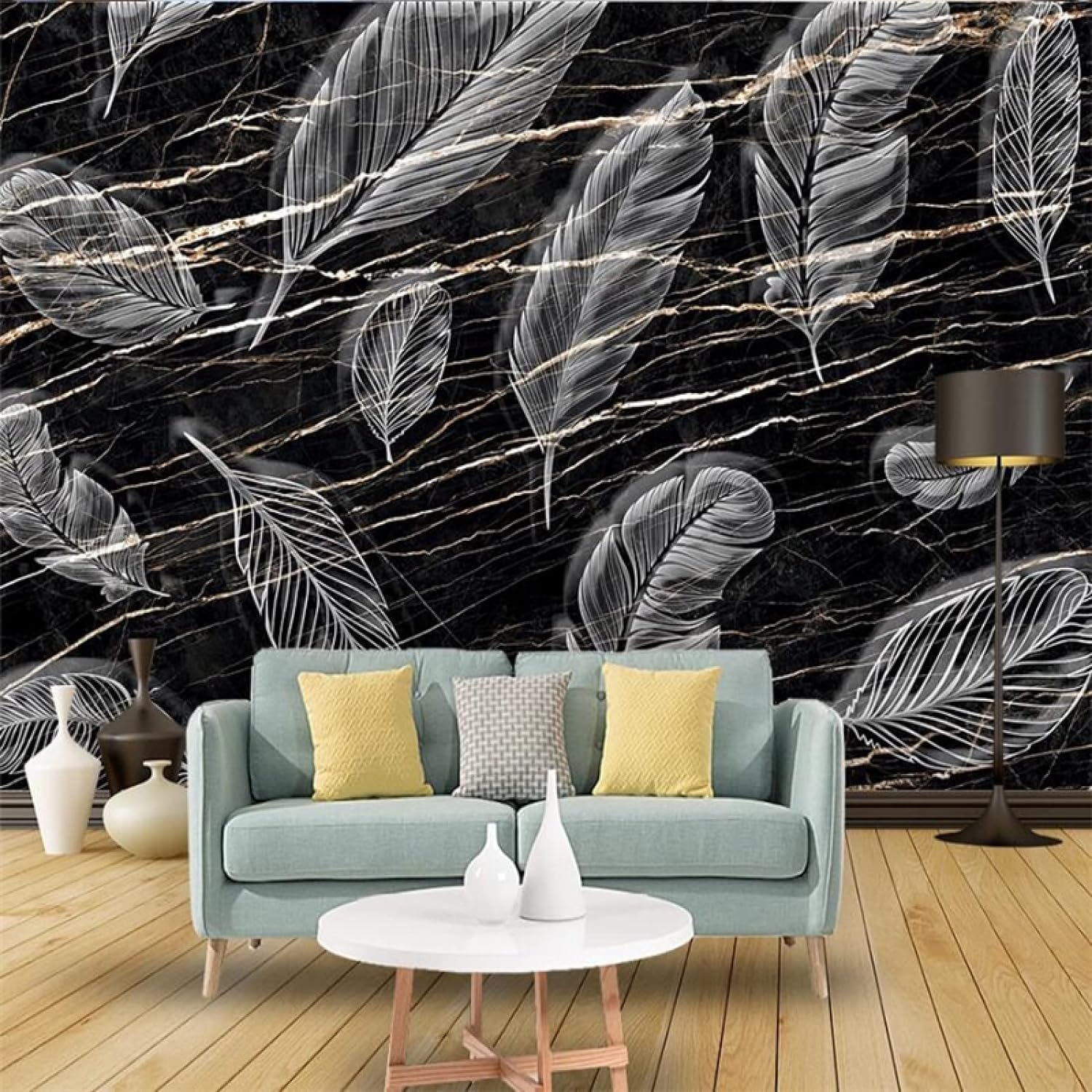 Papier peint plume noir et or 3D en soie salon moderne 150x105