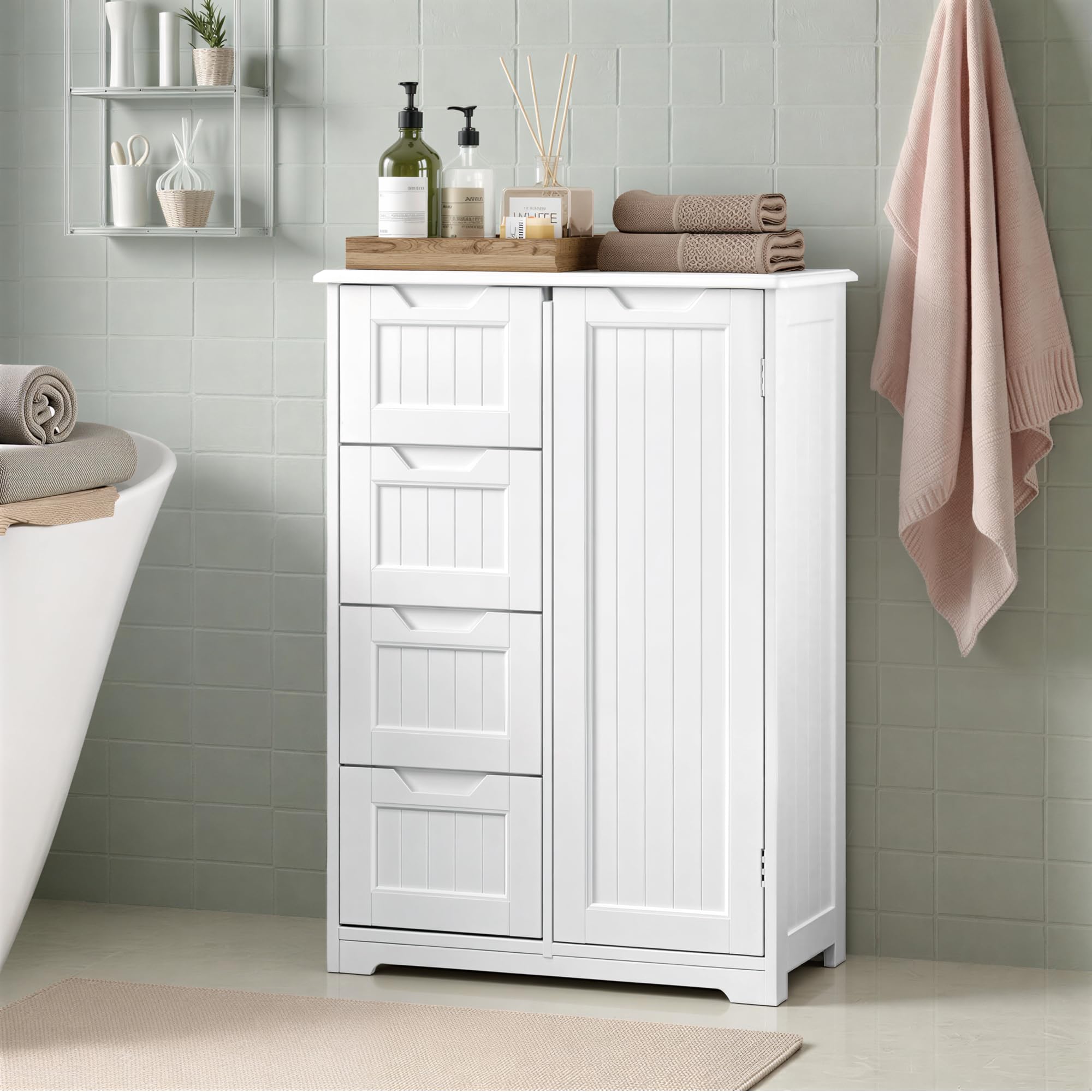 Meuble de Salle de Bain avec 4 tiroirs, Meuble autoportant, Meuble latéral avec Porte et séparateur Ajustable, pour Salle de Bain, Couloir, 30 x 60 x 85 cm (Blanc)