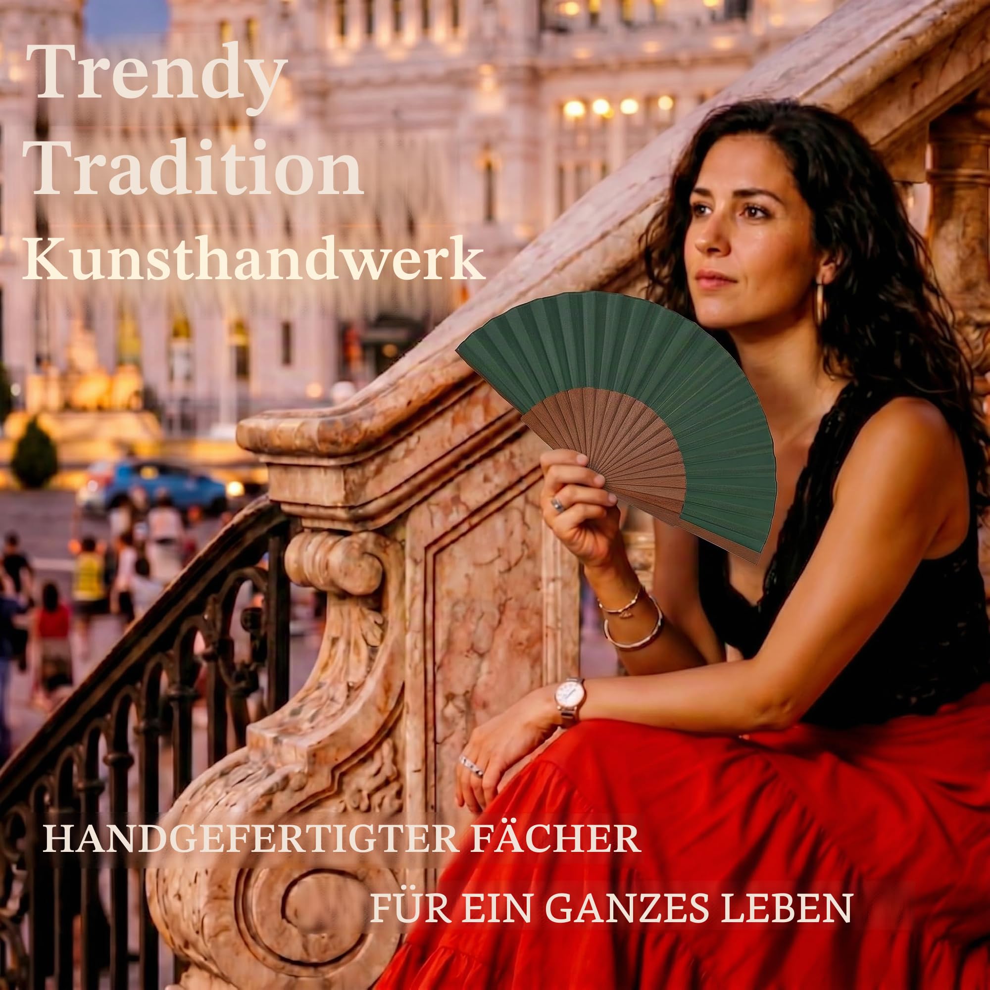 Handgefertigter Spanischer Fächer - Grüner Fächer- Fächer aus Sipo-Holz und 100% Baumwolle - Fächer Klein - Spanischer Handfächer aus Holz und Stoff
