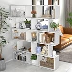 5 Tier Geometric Bookcase, S Shaped Bookshelf, Modern Decorative Storage Shelving, Wooden Room Divider Bookcase, 62.5" Tall Staggered Display Book Shelf for Home Office (2, White)