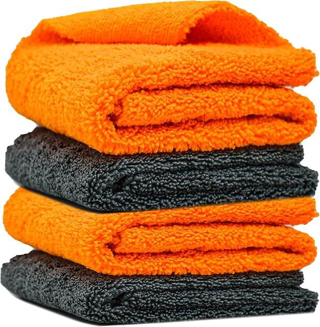 Towelogy Multipurpose Microfibre Car Cleaning Cloths Edgeless for Auto Finishing Detailing Polishing Washing and Drying 40x40cm (Orange / Grey, 4)