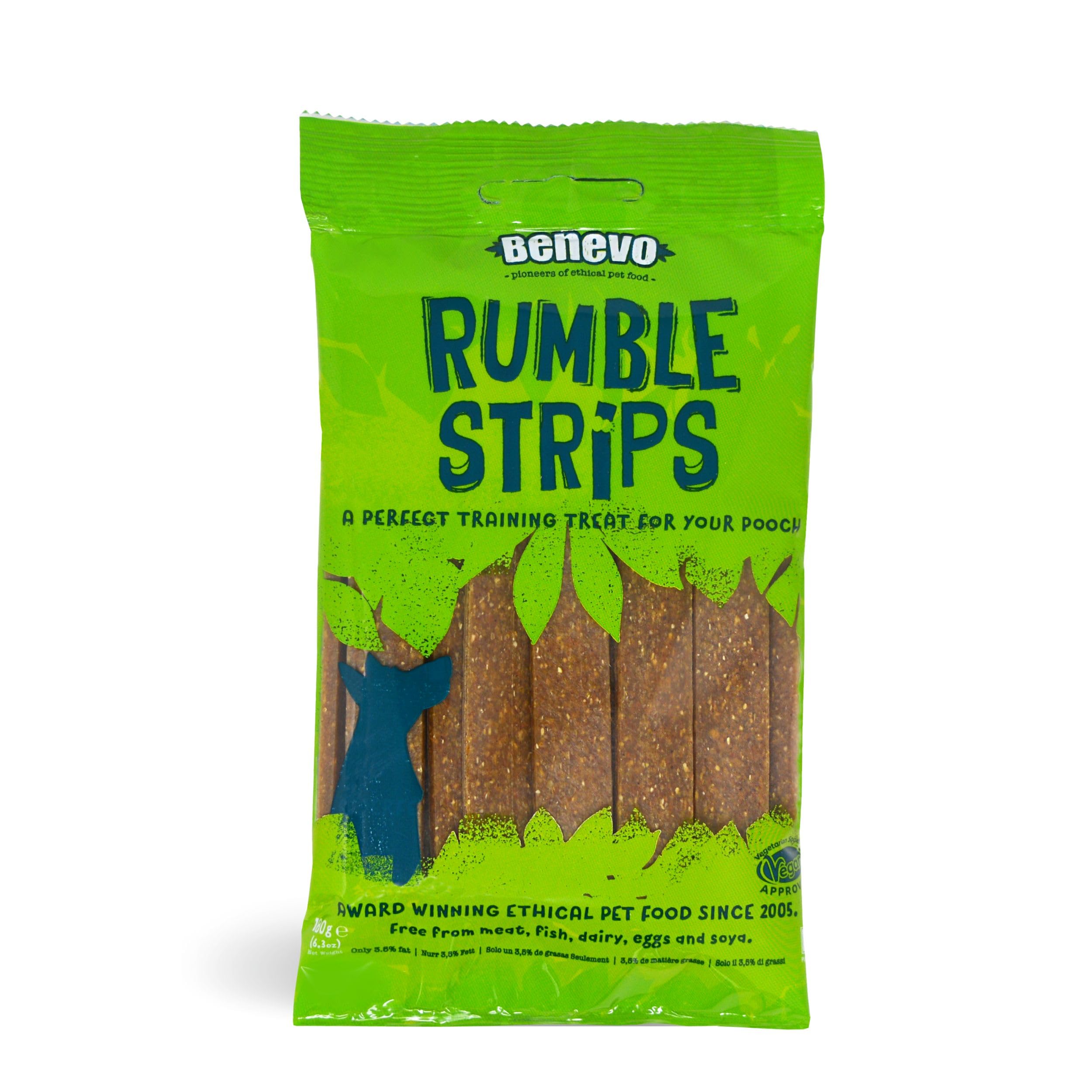 Benevo Vegan Dog Chews. Low fat Rumble Strips ideal training treats or rewards. Cold pressed jerky style chews, soft enough to tear. Non-GM, vegetarian hypoallergenic. Approx 20 chews per pack, 180g
