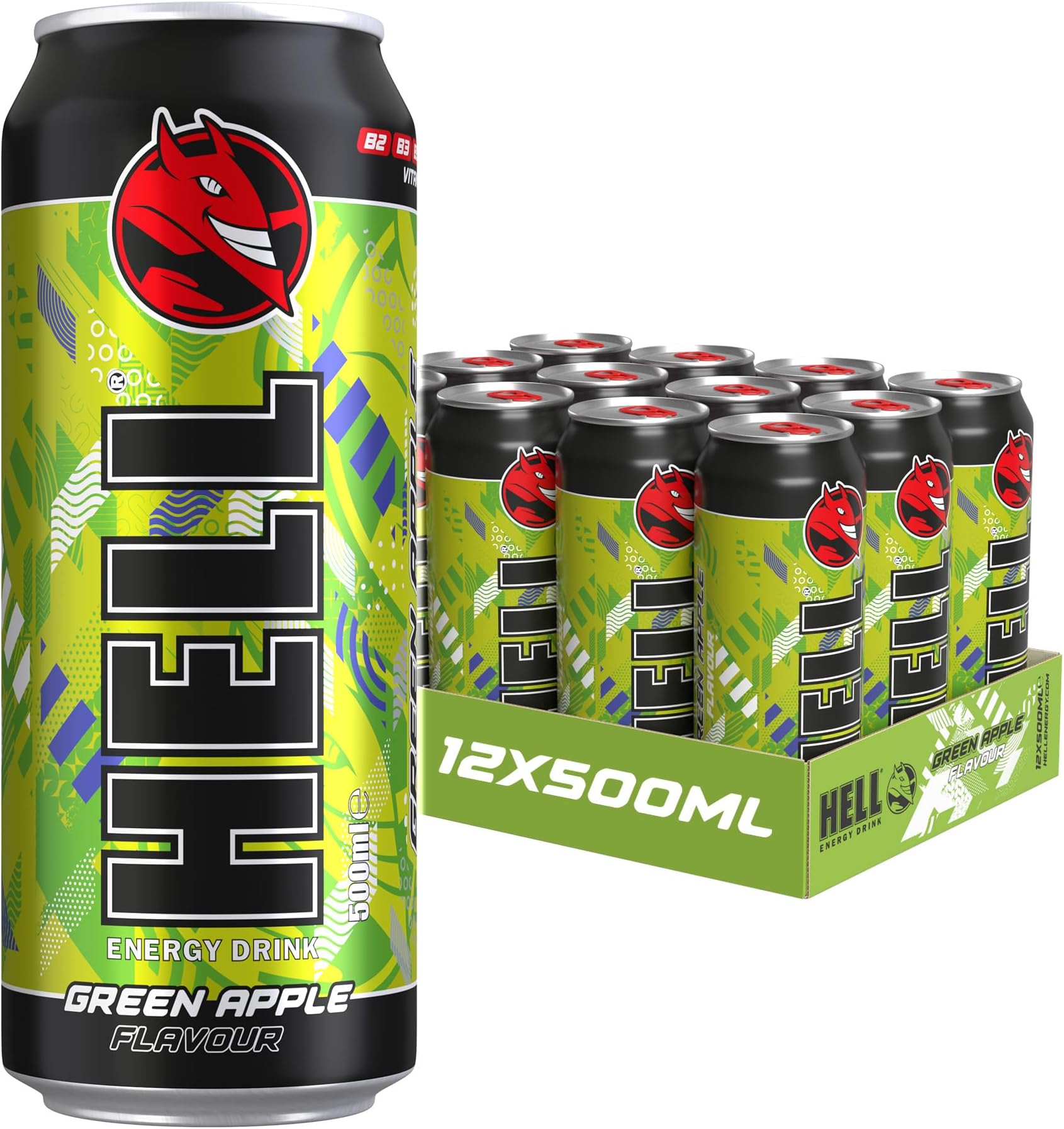 Energy Drink Green Apple Flavour | 12 x 500ml Cans Multipack | 32mg/100ml Caffeine | Contains Vitamins B2 B3 B5 B6 B12 | Preservative Free | Vegan | Reduce Fatigue