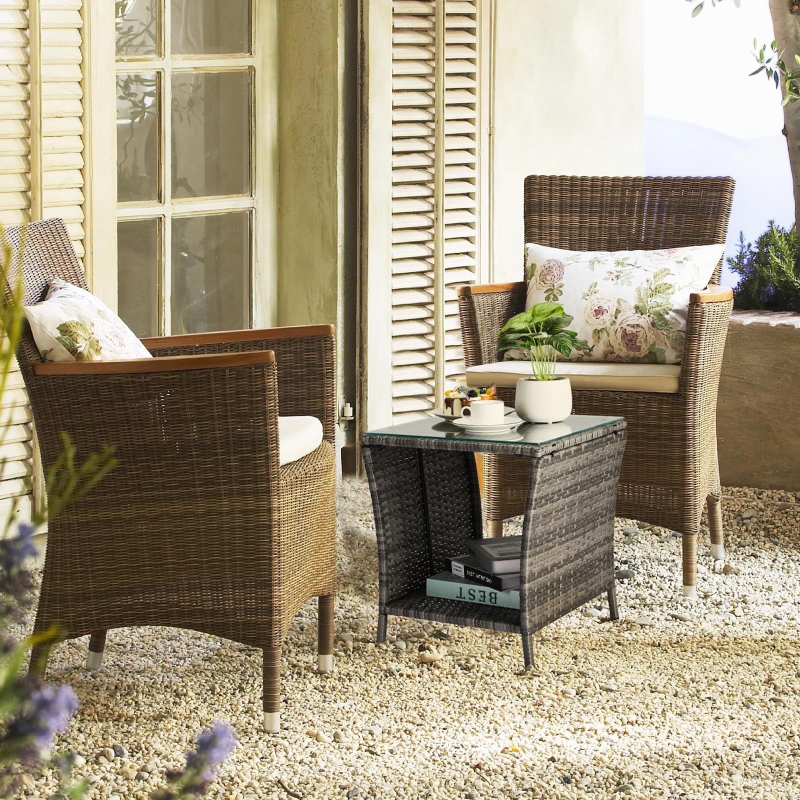 Bonnlo Rattan Beistelltisch mit Glasplatte, Balkonmöbel Grau, Gartenmöbel klein, Balkontisch Outdoor wetterfest, 46x46x50 cm