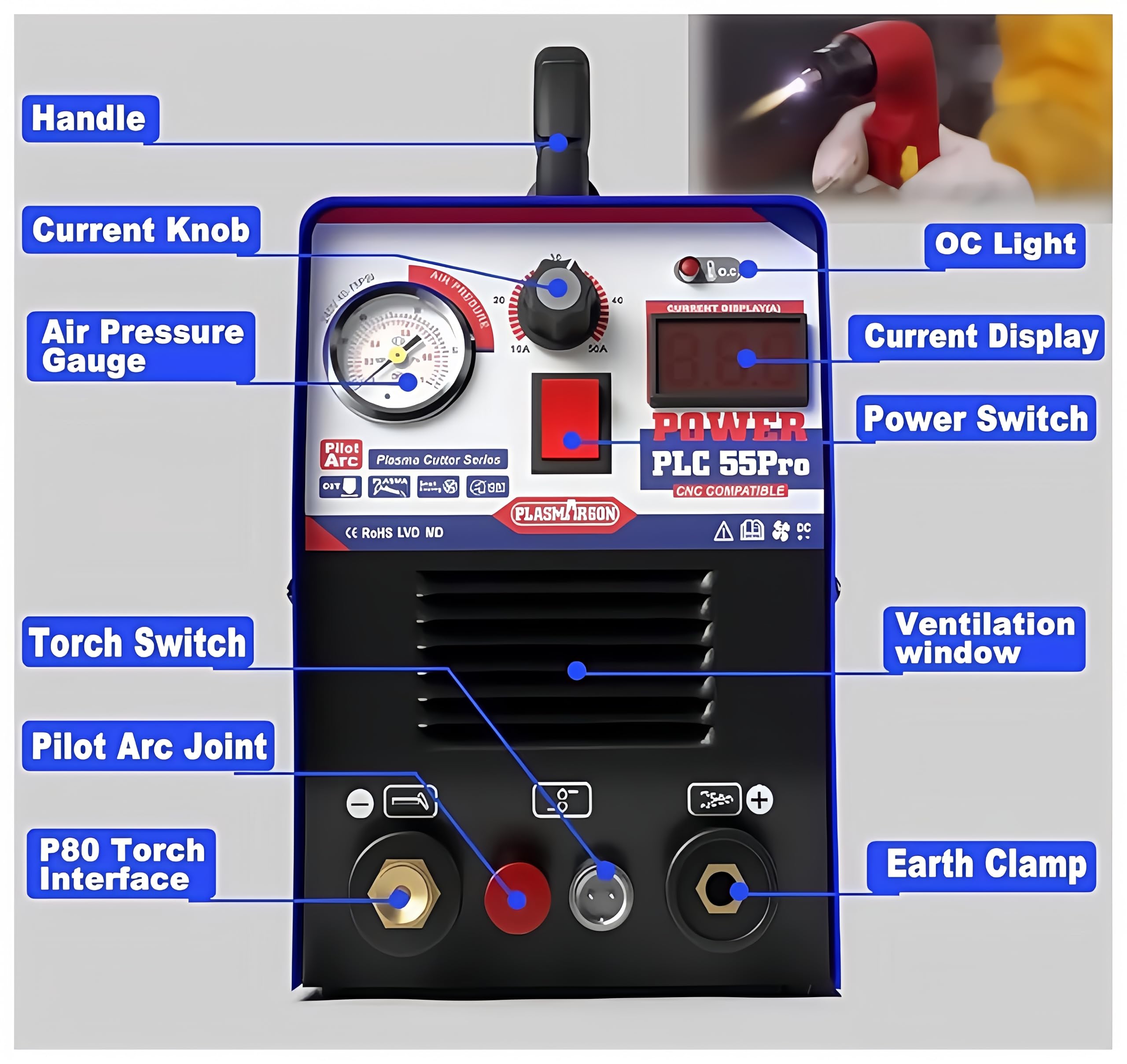 Taglierina al plasma 220 V, 55 A, HF Non-Touch Pilot Arc, spessore massimo di taglio 20 mm, taglio pulito 15 mm (PLC55P)