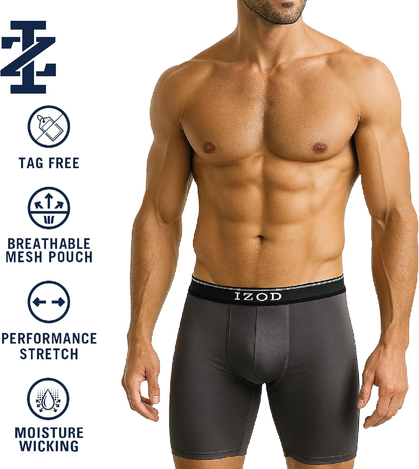 IZOD Mens Boxer Briefs - 5 Pack Performance Stretch Long Leg Mens Underwear Boxers with Contour Pouch, 9" Inseam