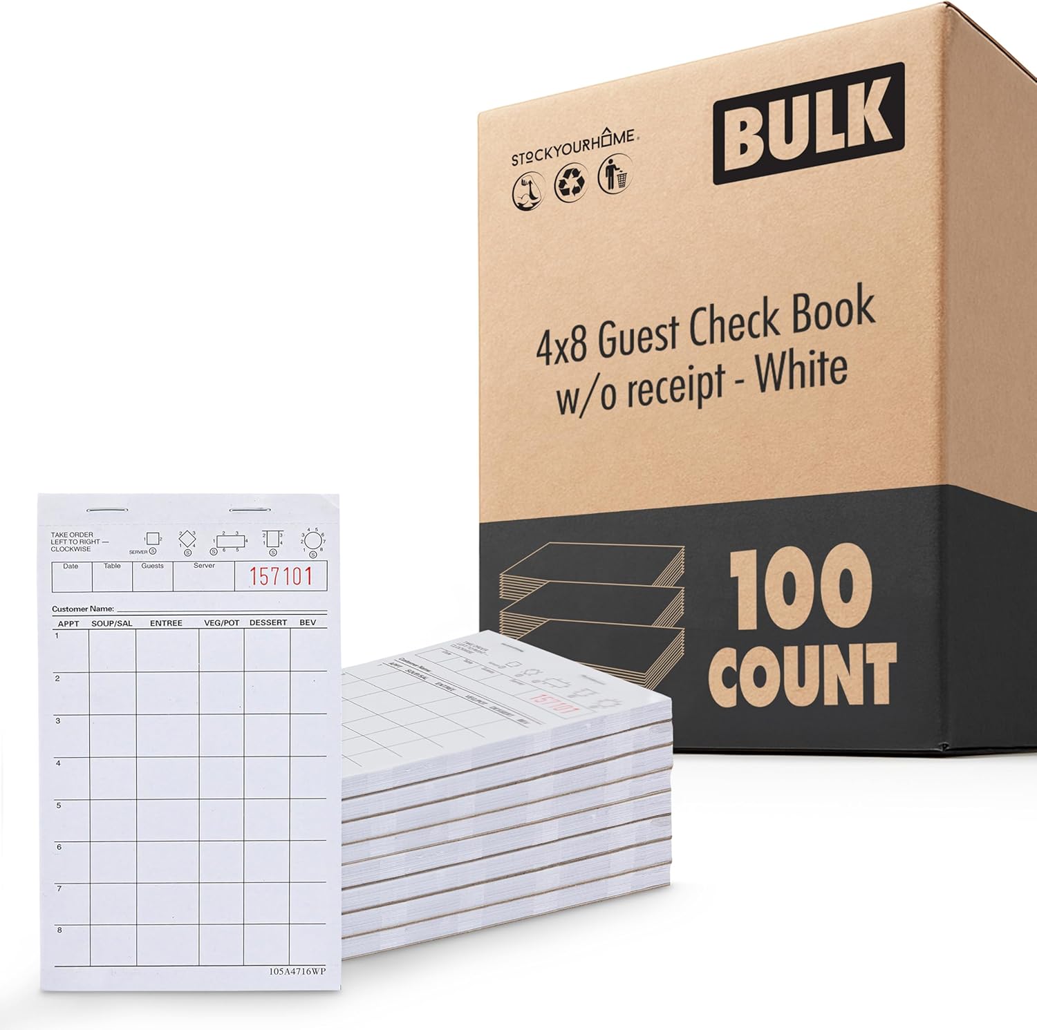 Stock Your Home White Guest Check Pads (100 Count) - 1 Part Guest Check Pads - Server Notepads and Waitress Order Pads - Check Pads for Diners, Restaurants, Food Trucks, Takeout and Delivery Services