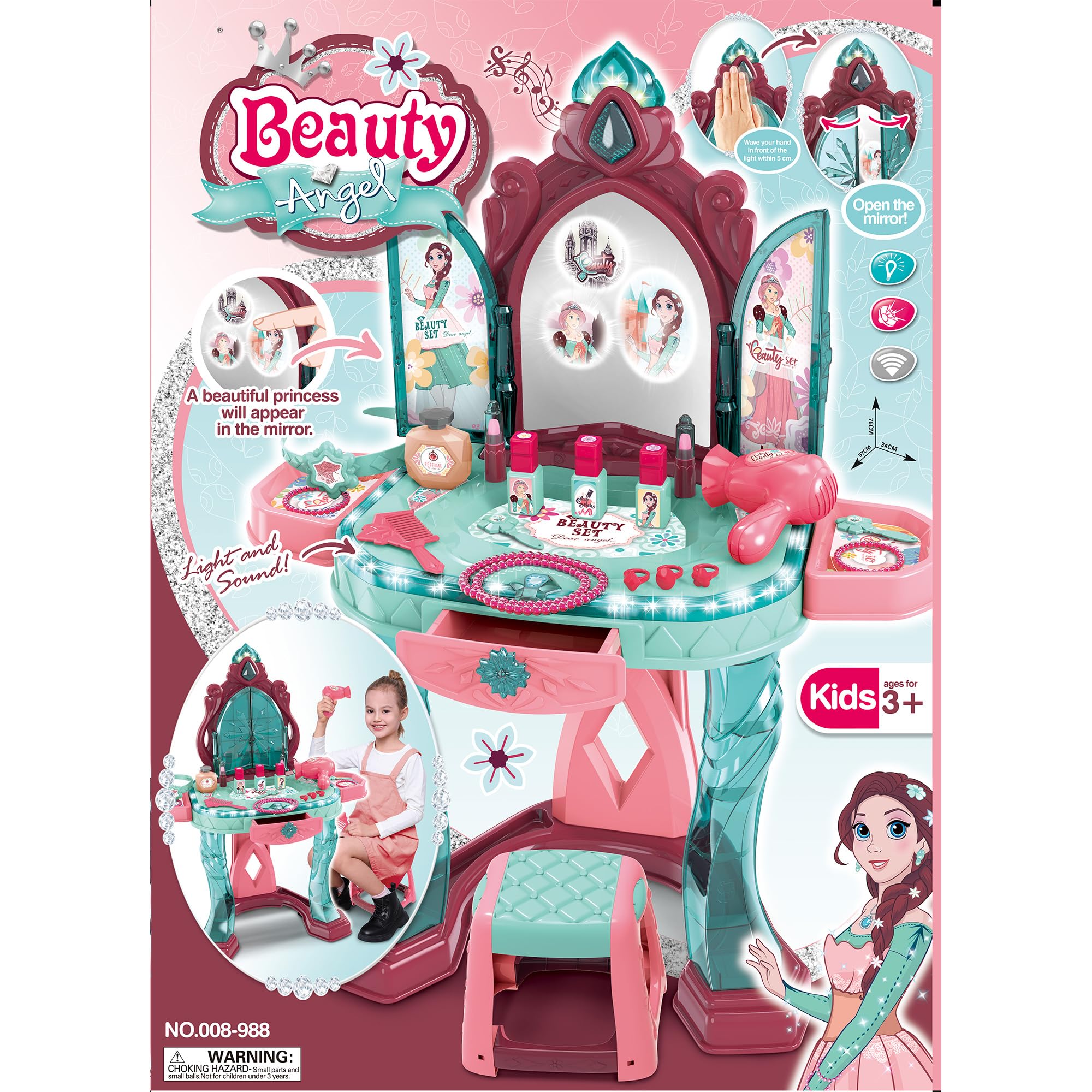 OLEOCA Kids Vanity Dressing Table and Chair Beauty Set - Infrared Sensor Open Door, with Makeup Accessories, Light and Sound, for Girls