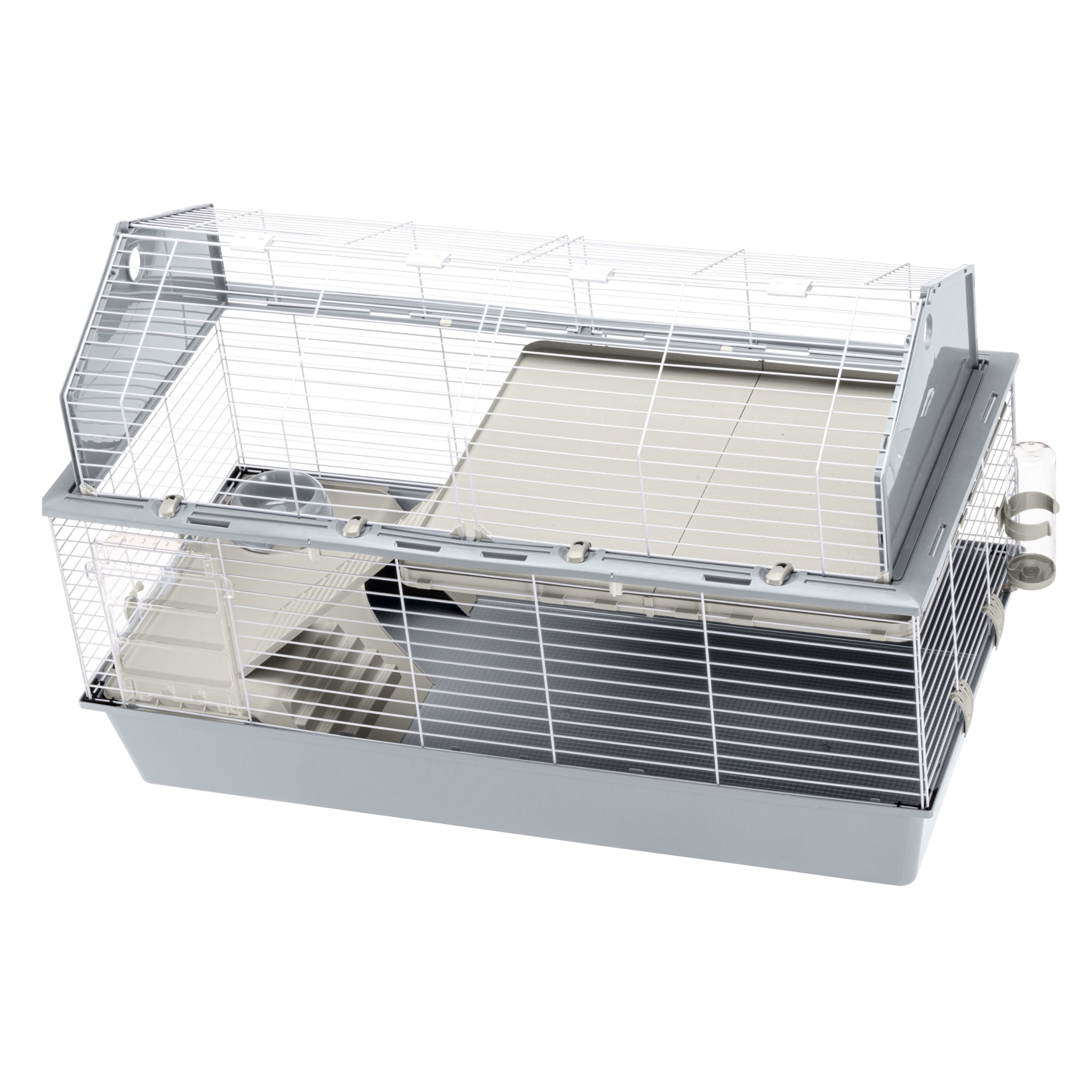 Cage BARN 120 pour Lapins et Petits Animaux, 2 étages, Toit Ouvrant, Accessoires et Adhésifs Inclus