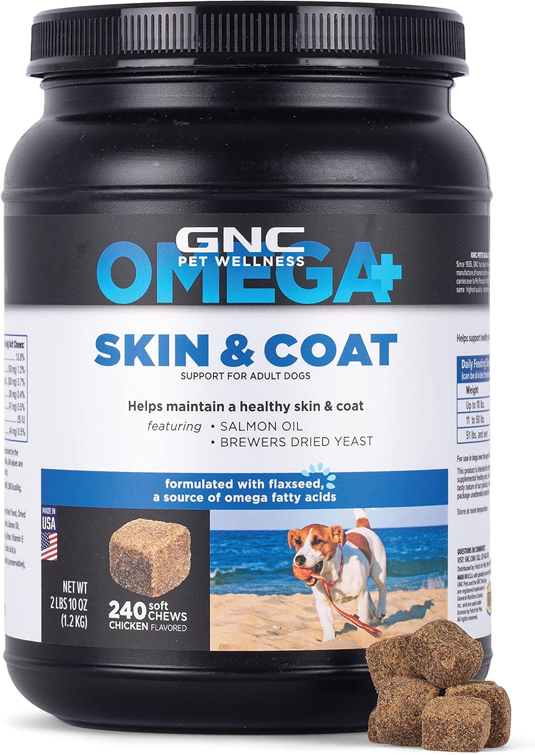 GNC Pets Omega Skin & Coat Dog Supplements for Adult Dogs with Omega Fatty Acids & Flaxseed, 240 ct| Chicken Flavored Soft Chews for Dogs Skin & Coats with Salmon Oil and Vitamin E