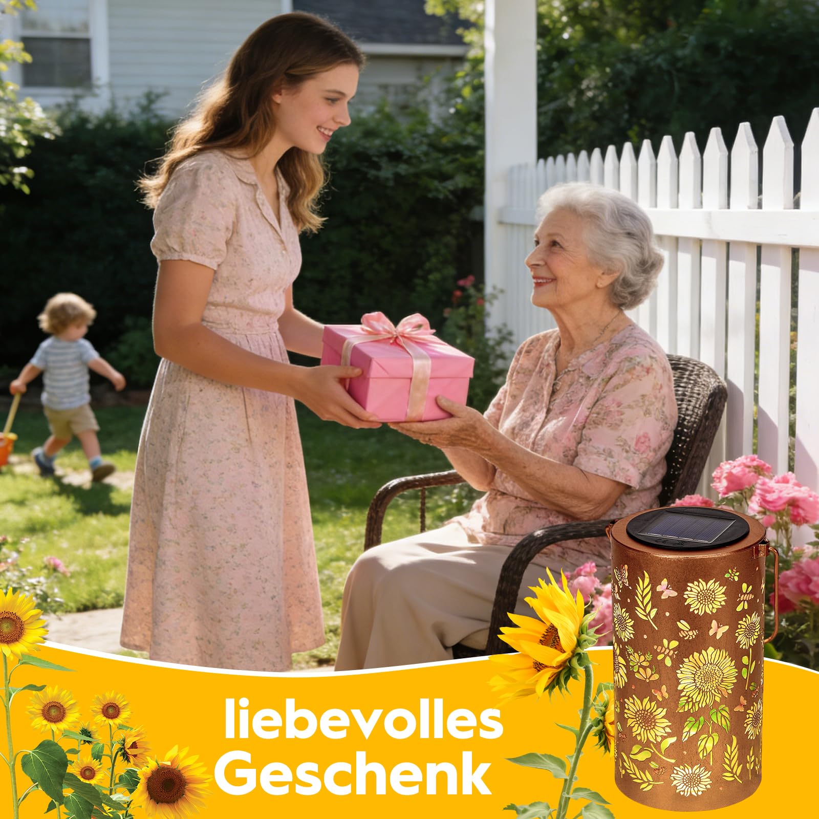 Solarlampen für Außen, Muttertag Geschenk für Frauen Mama Sonnenblume Solarlampen, Hängende Gartendeko Sonnenblumenlicht, IP44 Wasserdicht Metall LED Solarlampe, Balkon Terrasse Tisch Rasen Terrasse