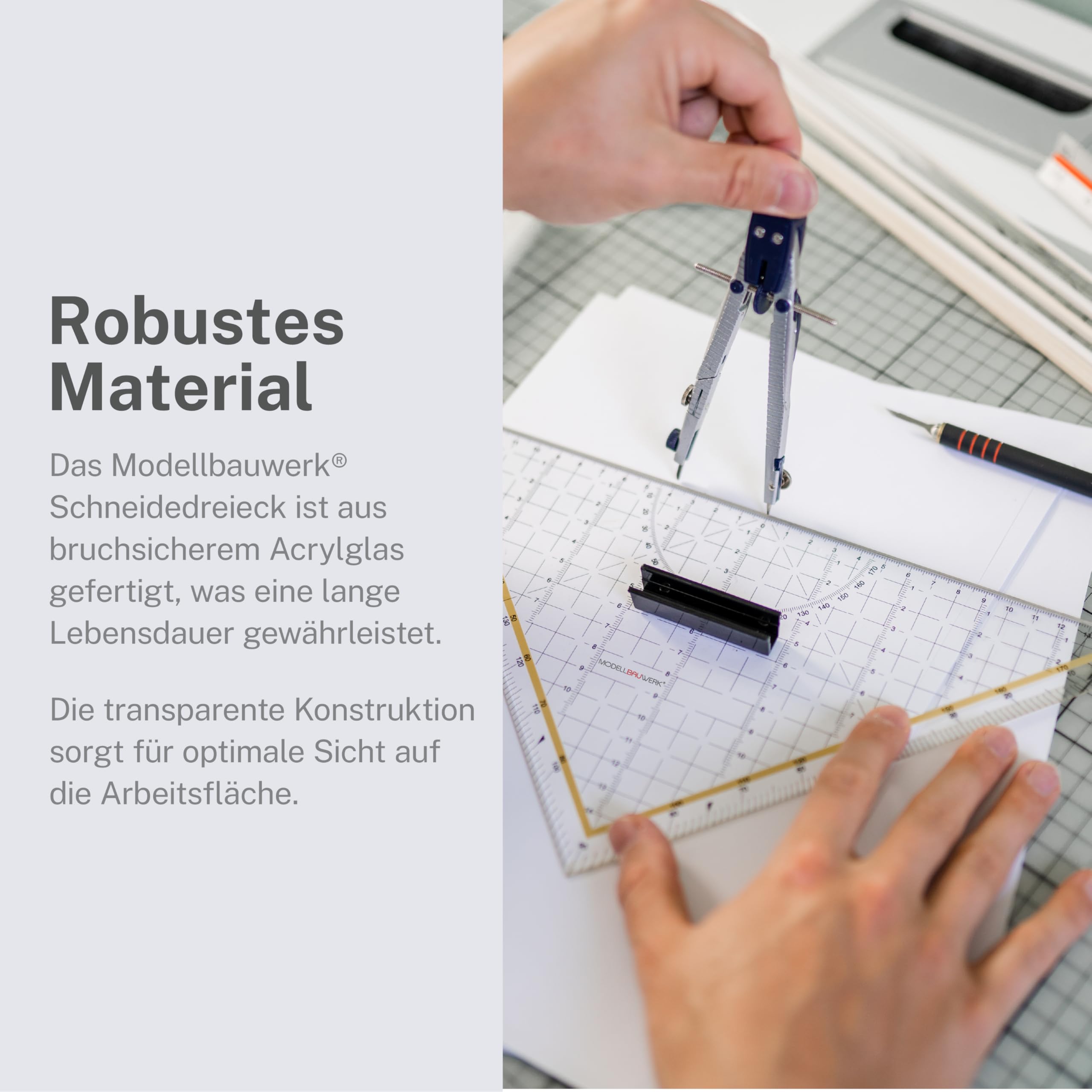 !!-Präzision aus Acrylglas und Edelstahl-!! Sehr hochwertiges 325mm-Schneidedreieck aus transparentem, dicken Acrylglas und mit einer massiven Stahlkante von Modellbauwerk®, Geodreieck