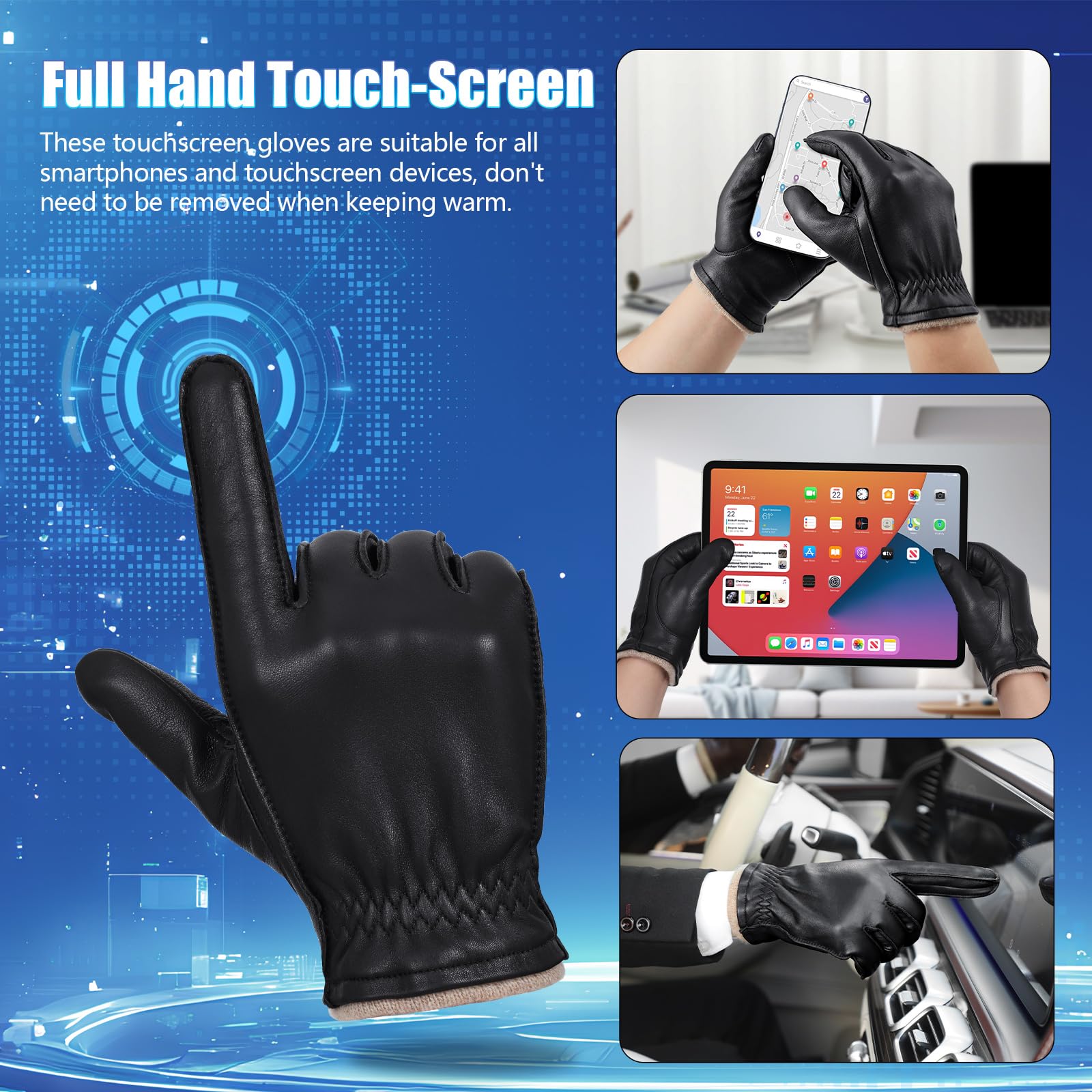 GSG SINCE 1998 Guantes piel hombre para conducir | Guantes de invierno de piel de oveja sin cromo con forro de lana, dedos táctiles y puño