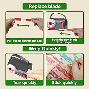 Wraprocut (2-Pack) Wrapping Paper Cutter & Tape Dispenser Dual Use with 4 Tapes2 Replace Blades Kit for Christmas Gift Wrap Cutter Tool Paper Roll Holder Tube Sliding Slicing for Birthday Holiday.