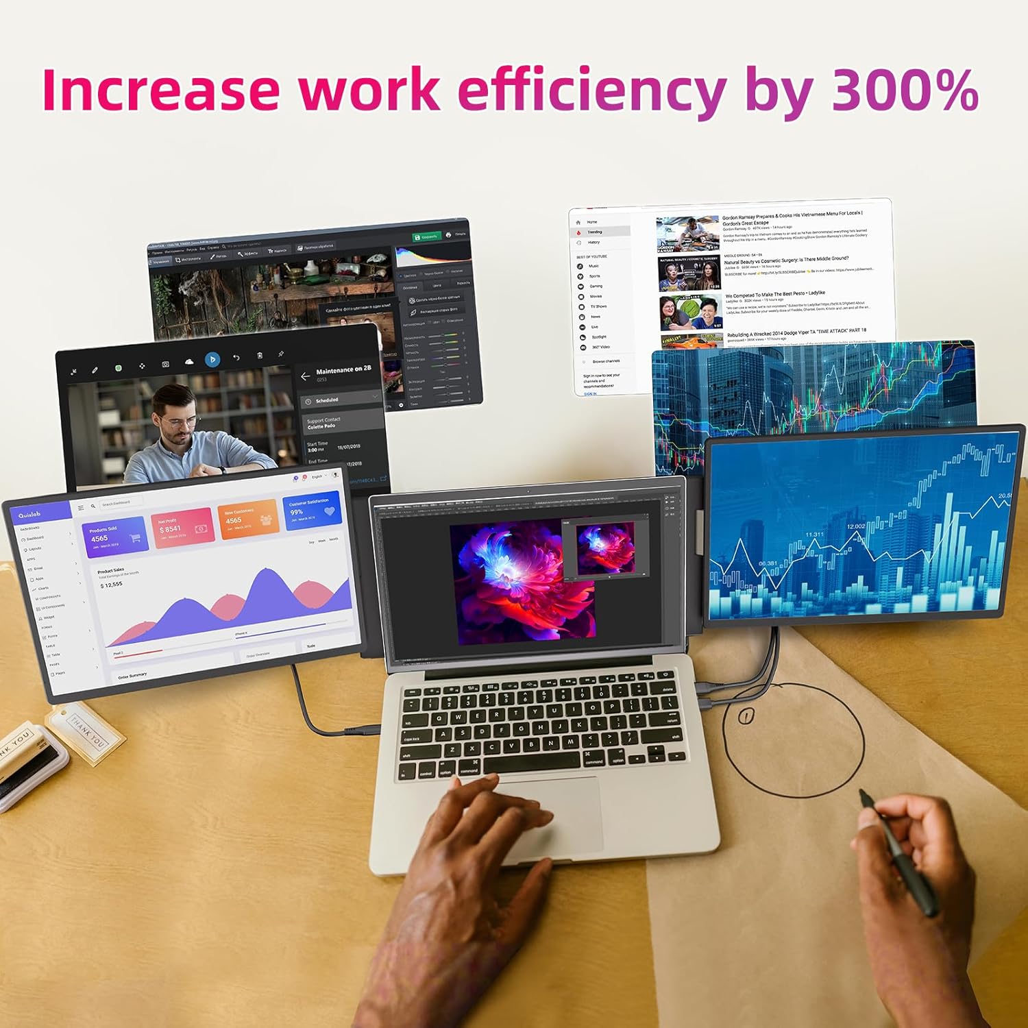 Triple Laptop Screen Extender, 16" Triple Screen Laptop Monitor Extender, FHD 1200P IPS Triple Monitor, 235° Rotation Plug&Play for Multi-Screen Work/Travel/Conference/Study - Image 7