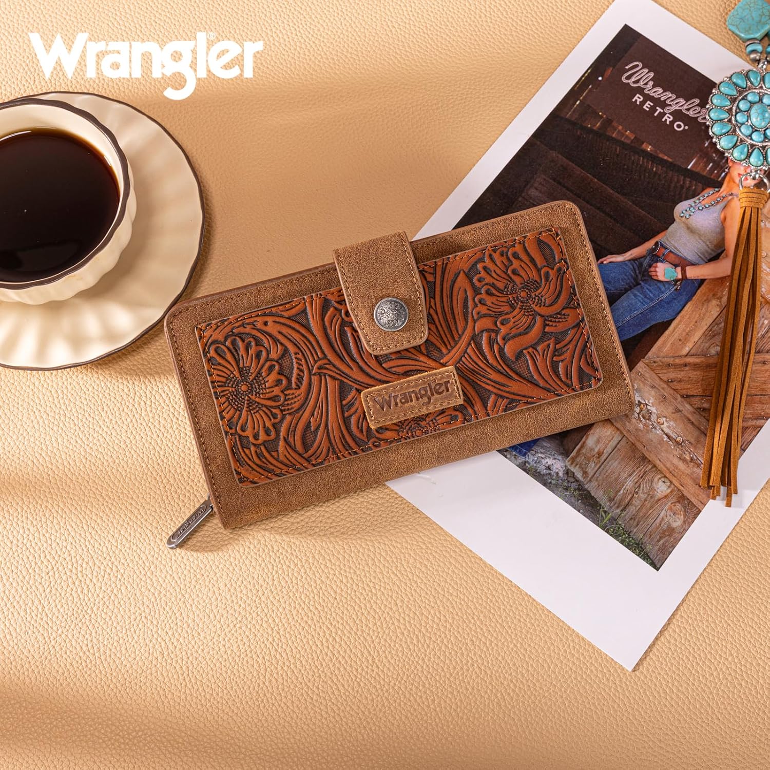 Montana West X Wrangler Brown Wallet for Women Tooling Flower Wallets, Card Cases & Money Organizers Large Capacity Bifold Clutch Wallet Ladies Female Western Phone Cash Wallets with ID Window - Image 6