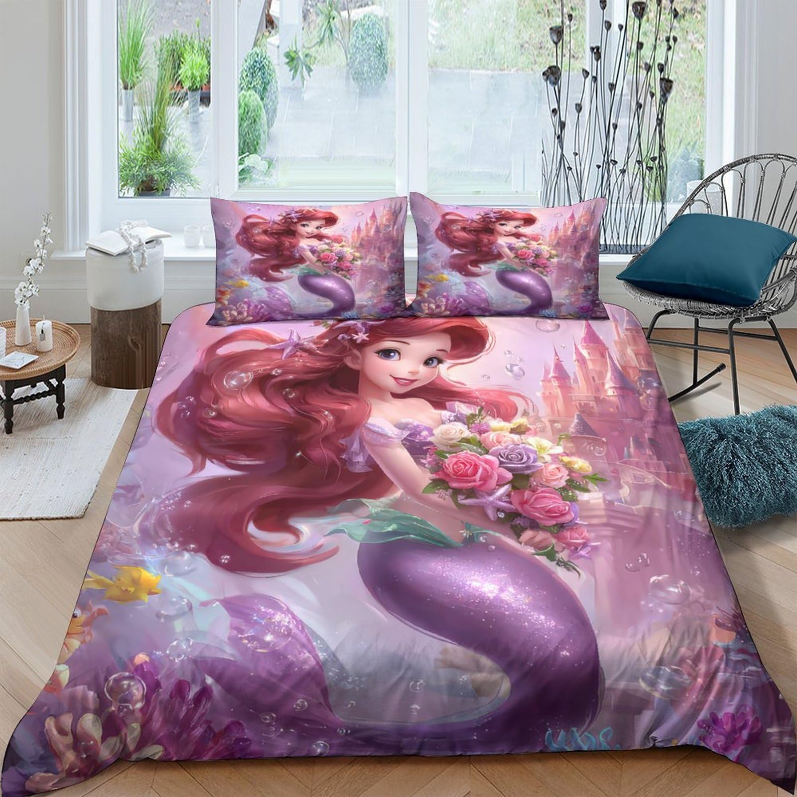Ctjqhvkz Style-1 3D Printed Mermaid Fantasy Fitted Sheet Microfiber Soft Pink Purple Sea Mattress Cover For Bedroom Guestroom Decor Single（135X200cm）
