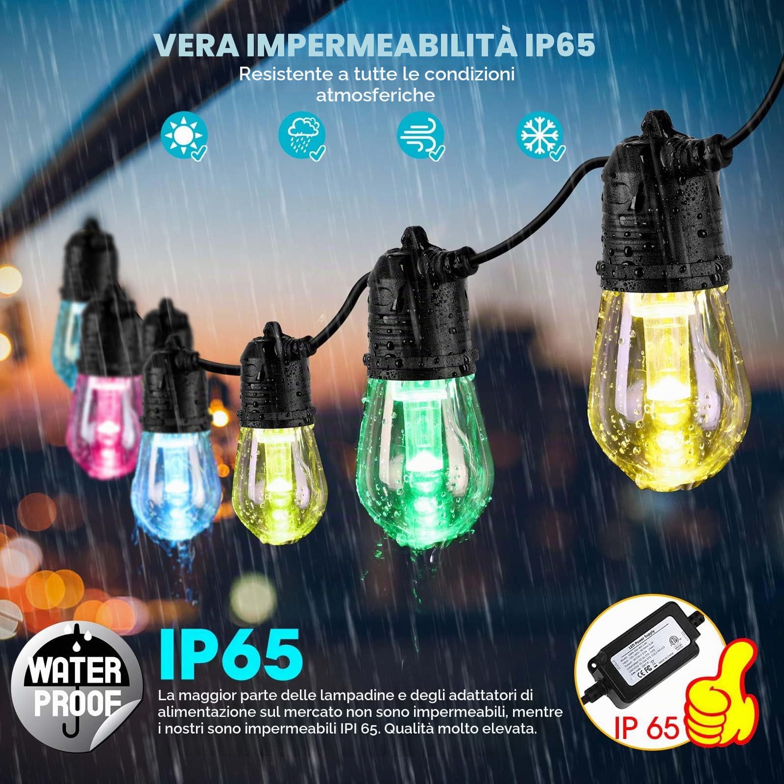 Catena Luminosa Esterno, 30M Smart RGB Lampadine Luci Stringa Controllo Remoto/APP con Alexa, IP65 Impermeabile, Sincronizzazione della Musica per Giardino Natale Matrimonio