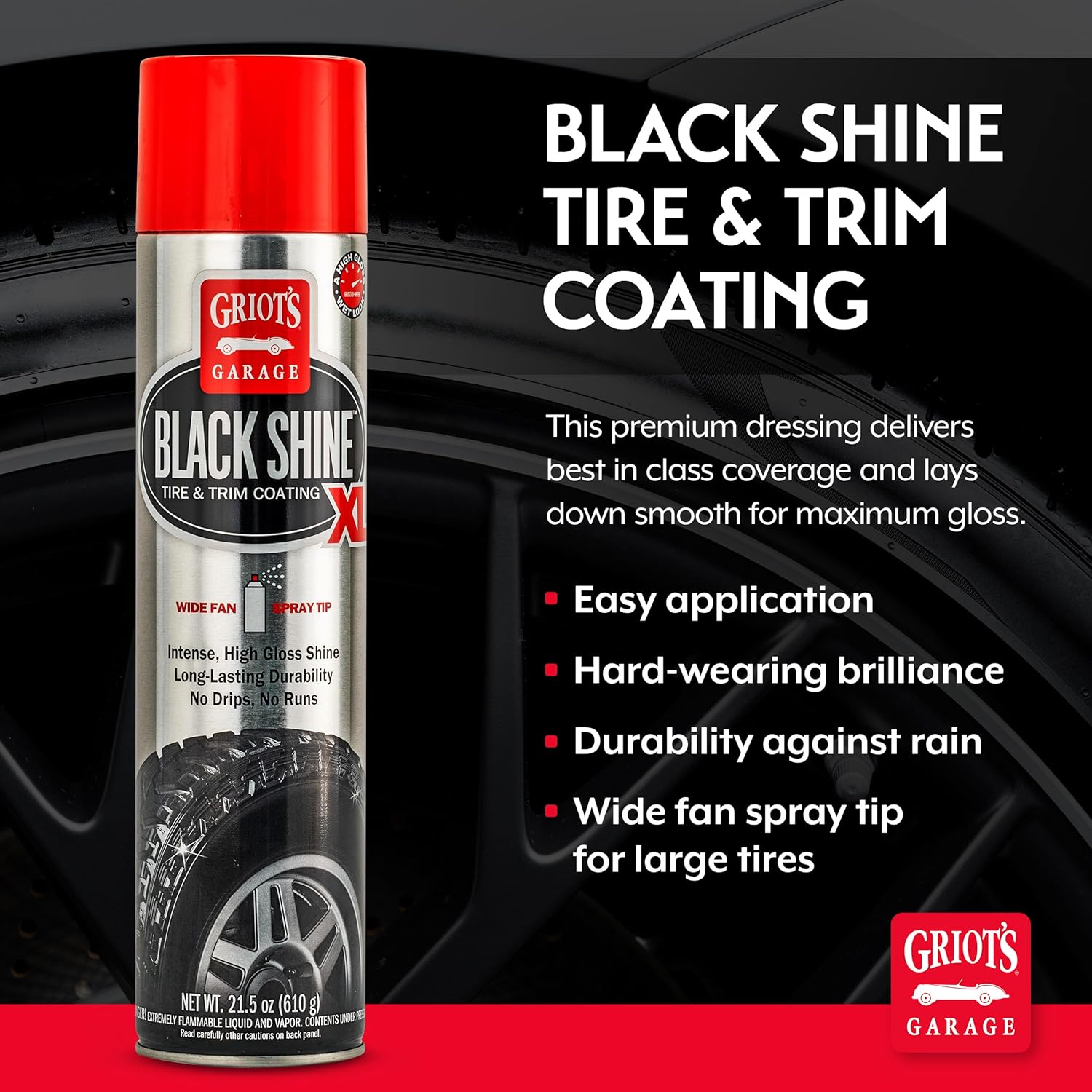 Griot's Garage Black Shine Tire and Trim Coating, Water-Resistant Dressing, Provides a High-Gloss Finish, Rain Protection, 57709, 21.5oz, Pack of 6