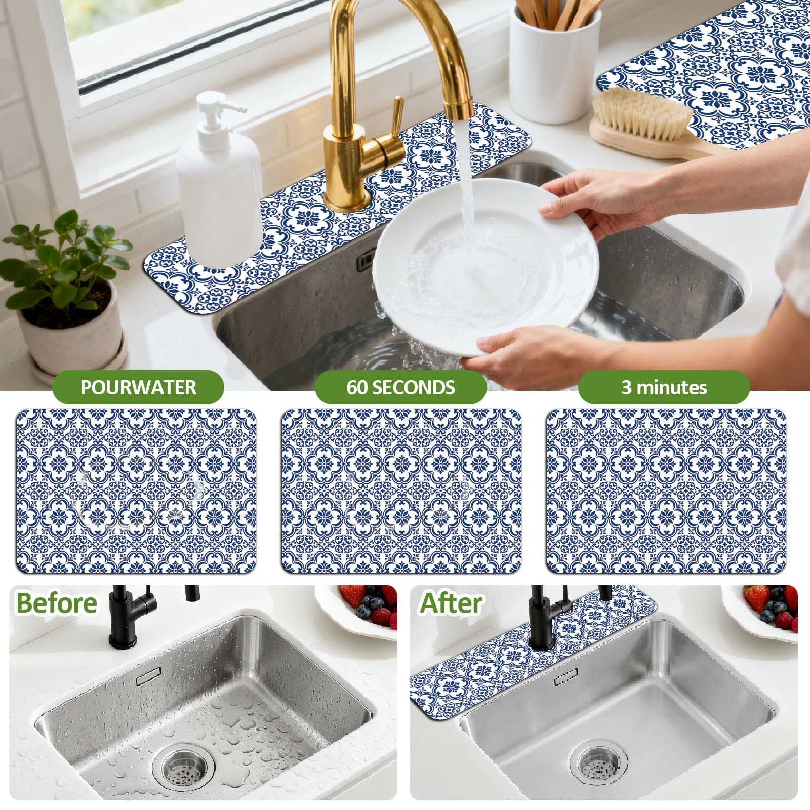 Lot de 3 tapis de robinet d'évier de cuisine de 2 tailles - Motif floral bleu et blanc - Tapis de séchage absorbant pour cuisine et salle de bain