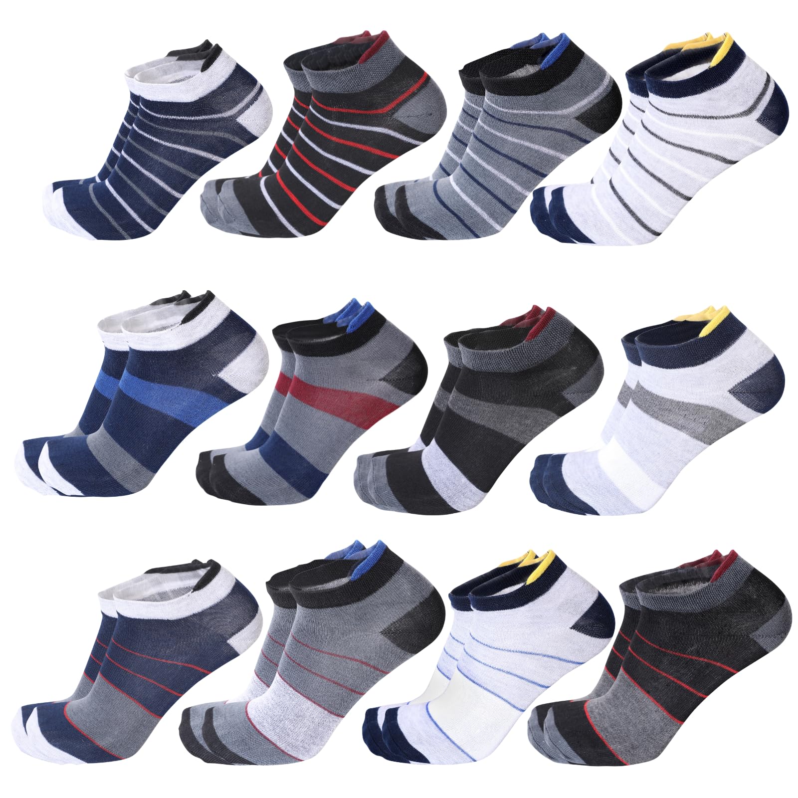 Men’s Sneaker Ankle Socks - Pack of 12 Pairs | Cotton with Third Heel Grip | Soft, Breathable, Odour-Free | Multicolor Trendy Design for Gym, Office & Casual Wear.