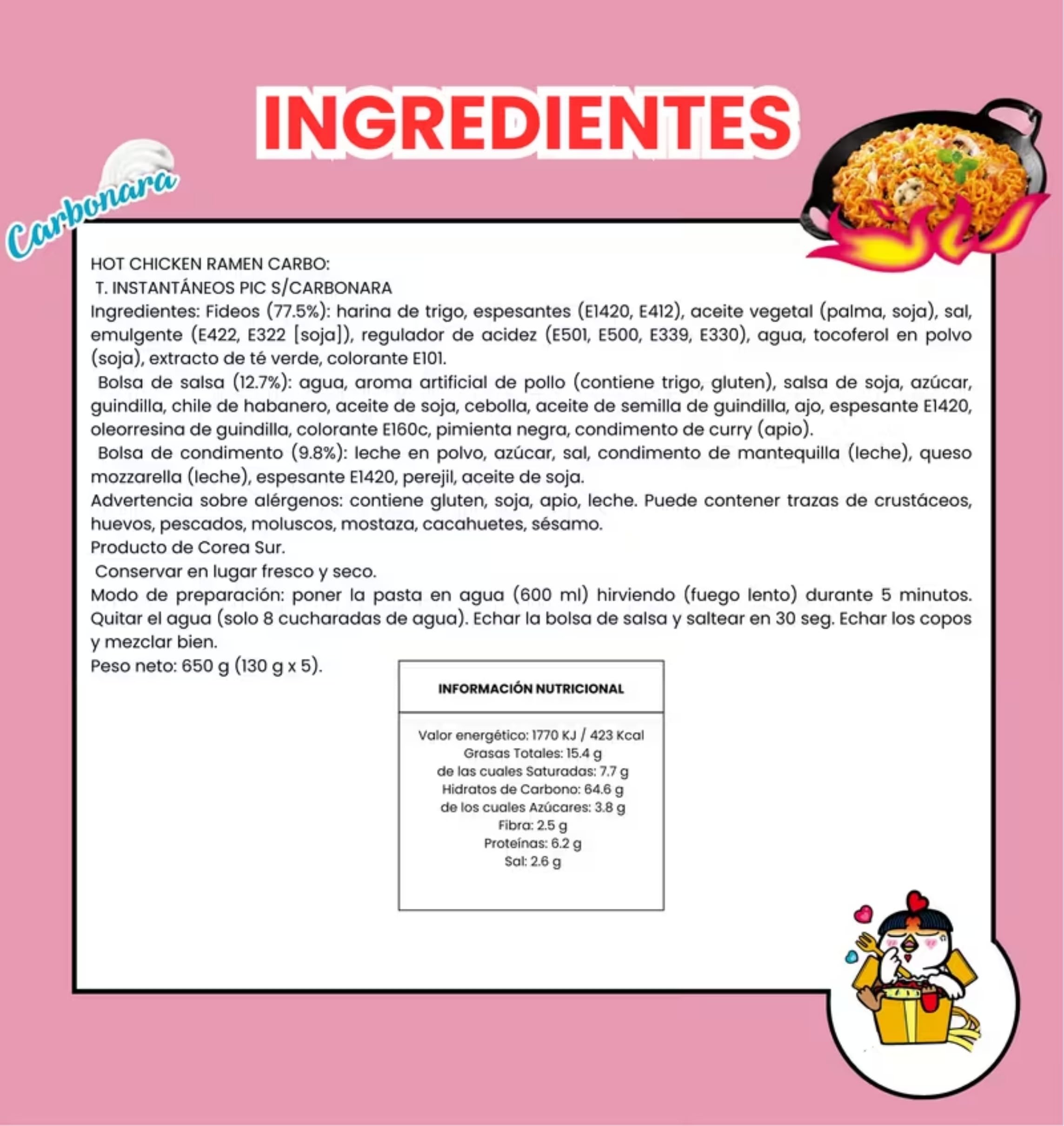 Samyang Buldak Carbonara Ramen Coreano – Fideos Picantes Instantáneos con distintos Sabores - Pack Laborawi (5x130g) - 4