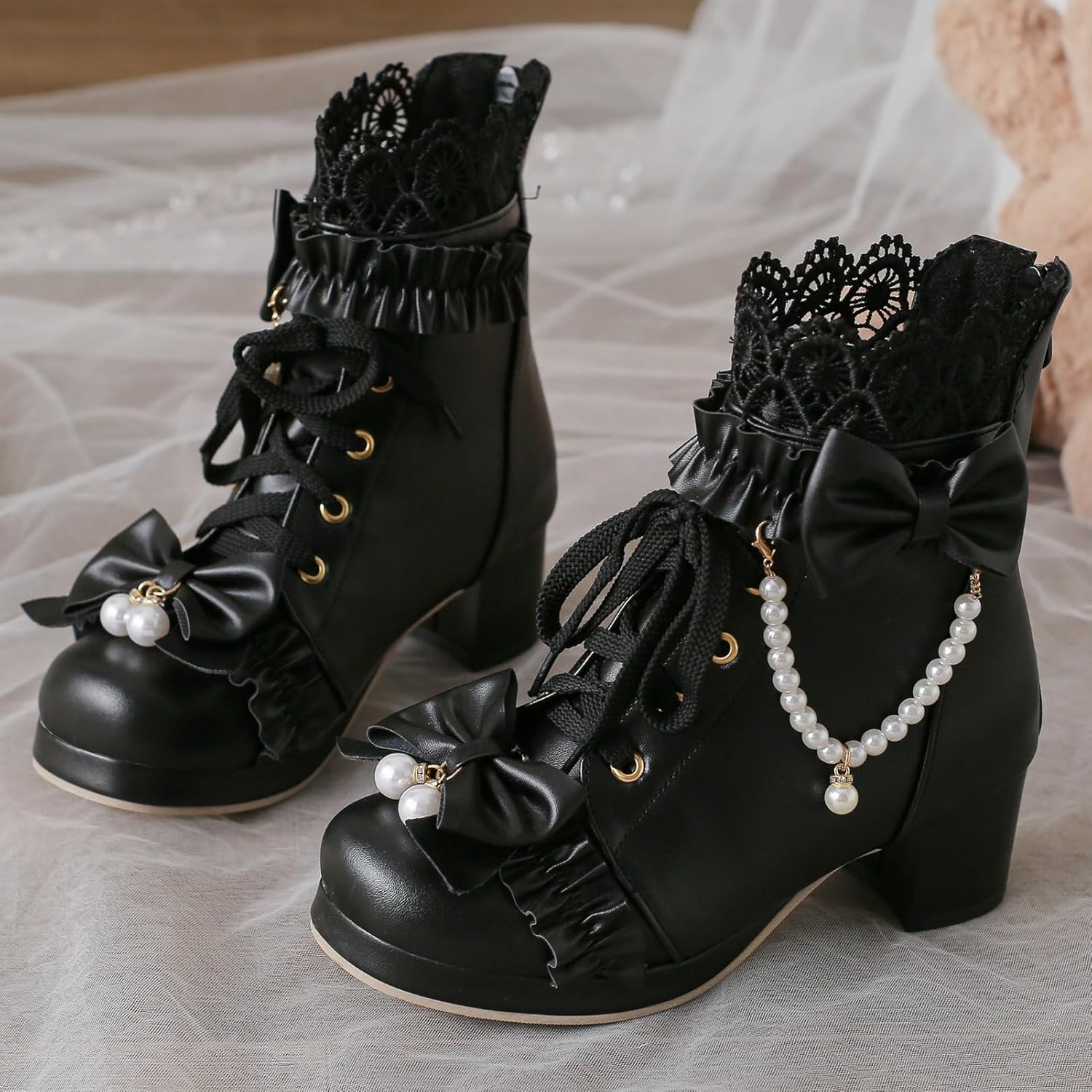 LUXMAX Women Cute Lolita Boots Chunky Mid Heel Ankle Boots with Bow Platform Lace Up Booties with Pearl - Image 2
