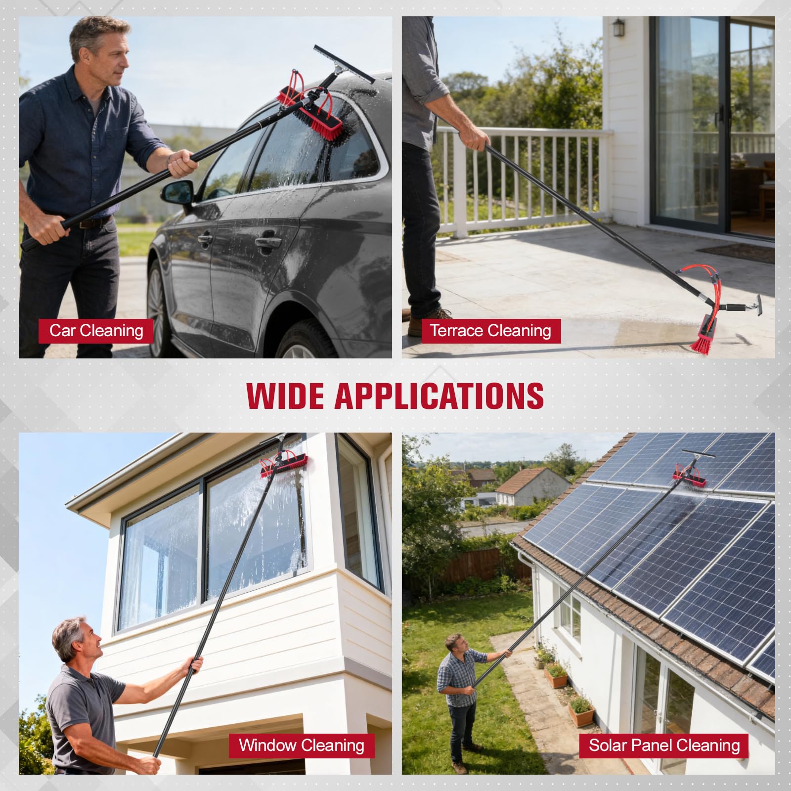 Cepillo de lavado telescópico, 6 m, limpieza de sistemas de PV, cepillo de doble función y extractor | varilla de aluminio extensible para sistemas solares, coche y jardín de invierno |
