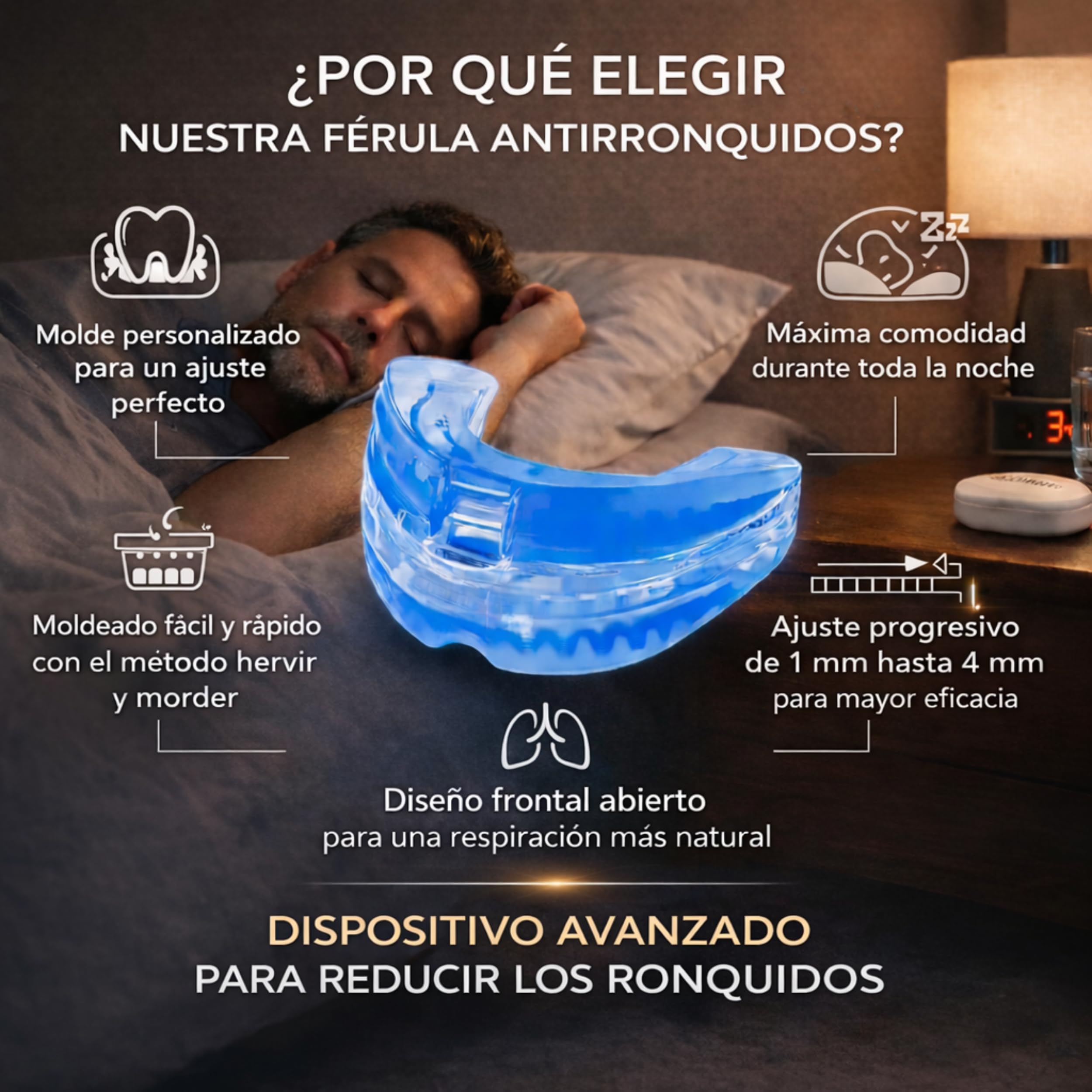 Férula Antirronquidos Ajustable para Dormir – Dispositivo de Avance Mandibular Termomoldeable | Ayuda a Reducir los Ronquidos | Fácil de Usar e Incluye Cepillos de Limpieza para mayor Higiene